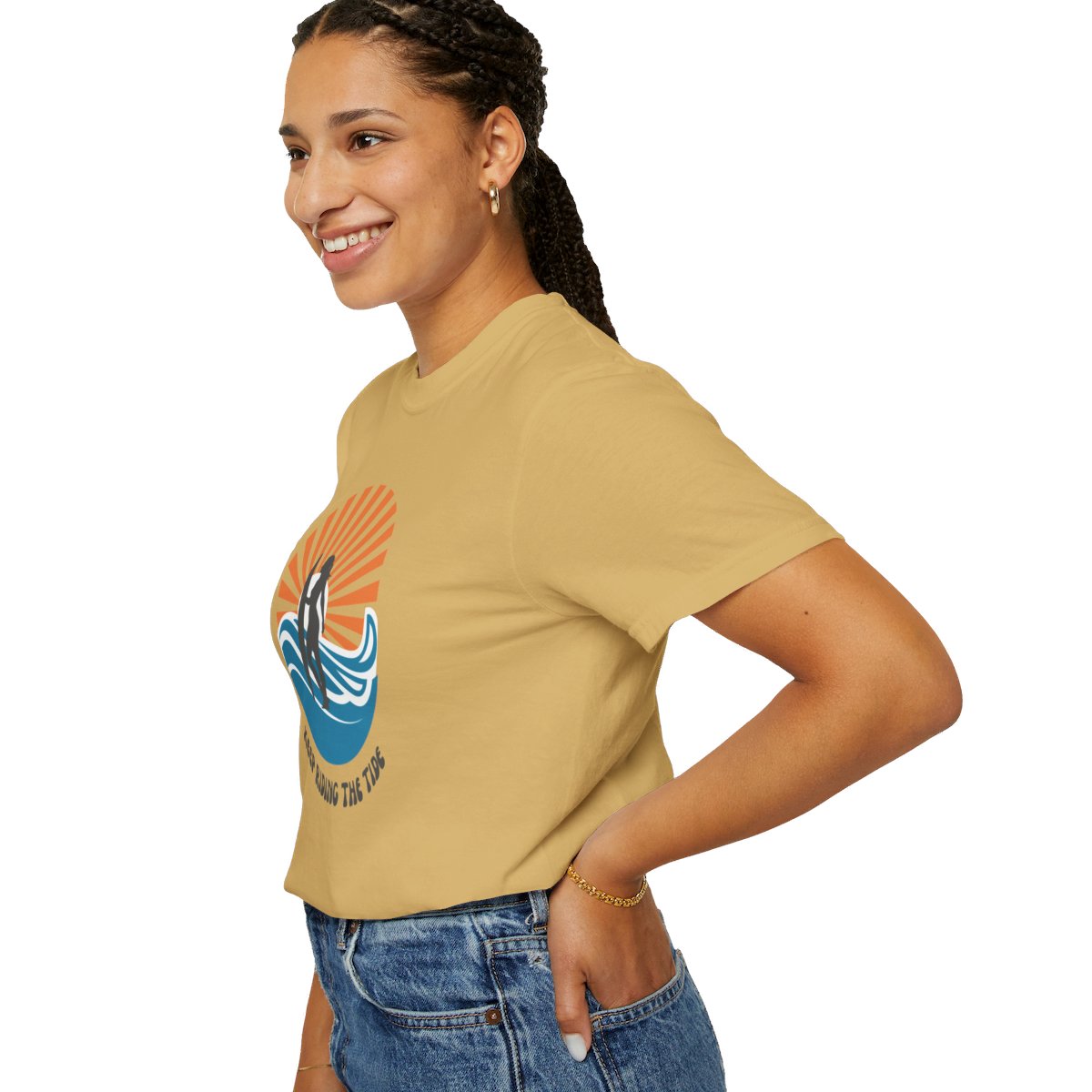 Chic Surfer Themed T-shirt Featuring Riding Girl with Cool Phrase