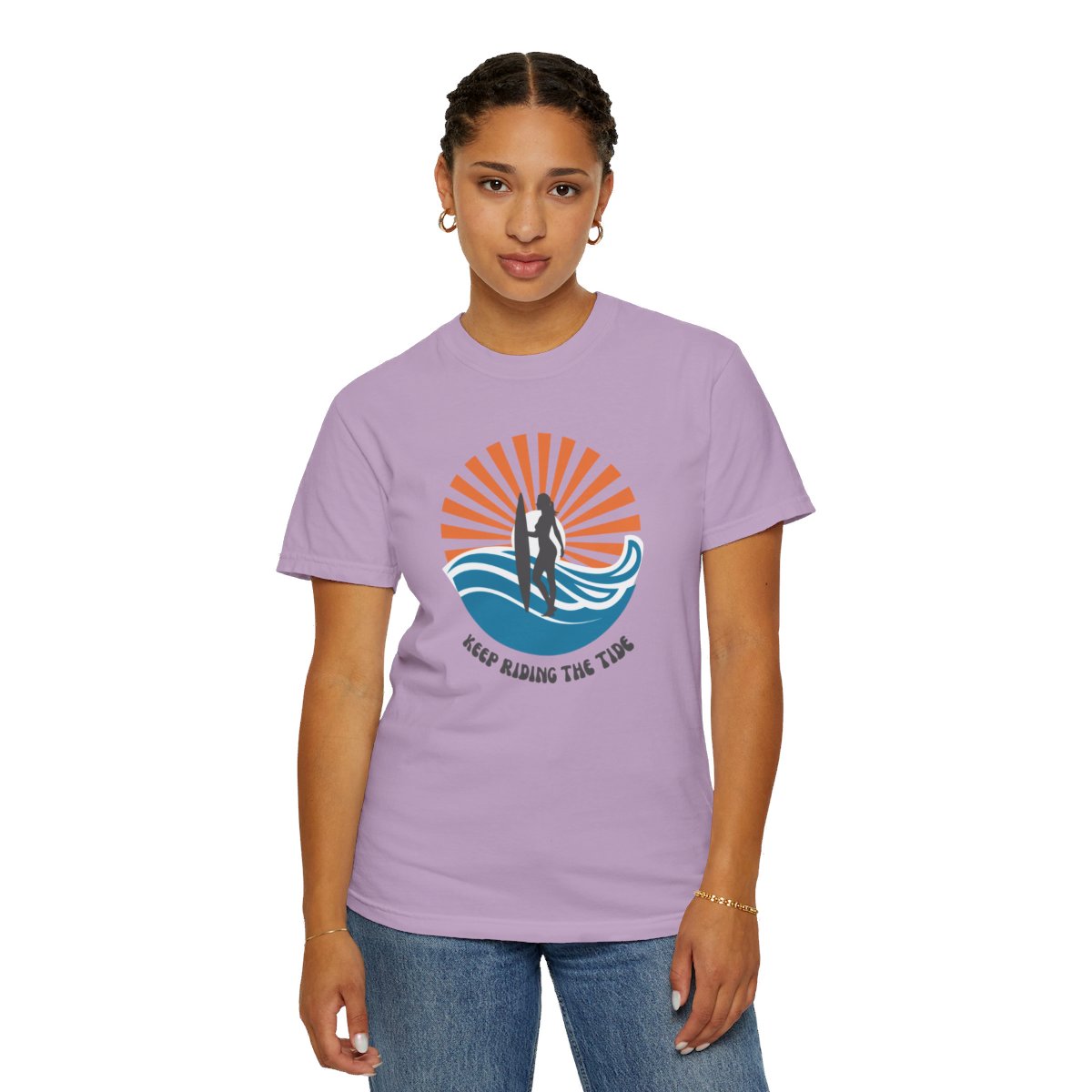 Chic Surfer Themed T-shirt Featuring Riding Girl with Cool Phrase