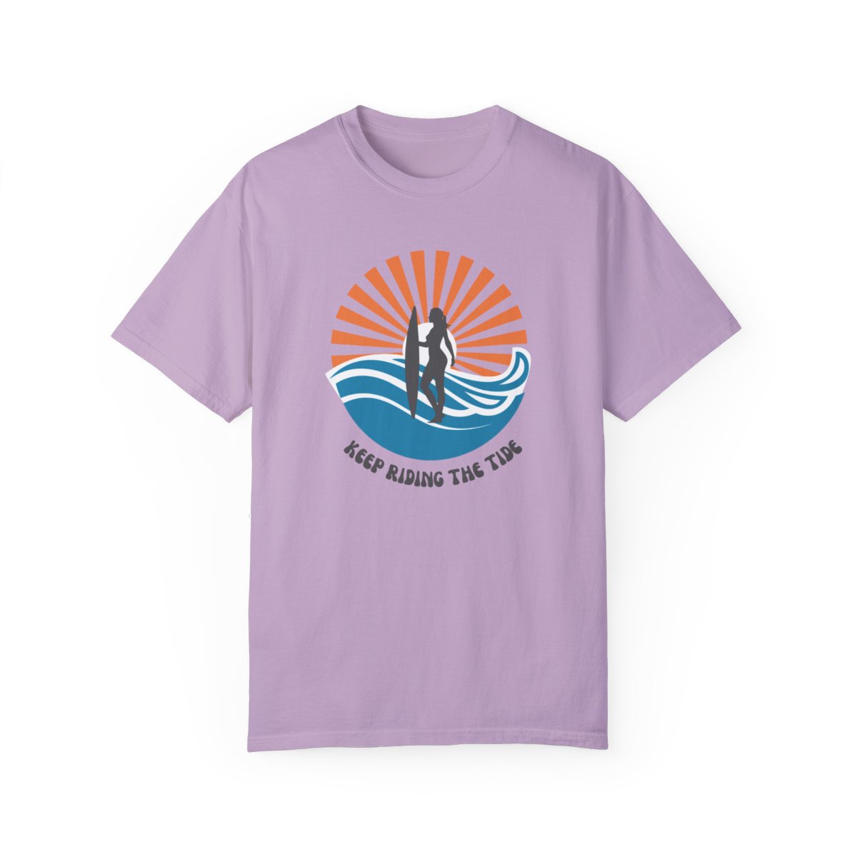 Chic Surfer Themed T-shirt Featuring Riding Girl with Cool Phrase