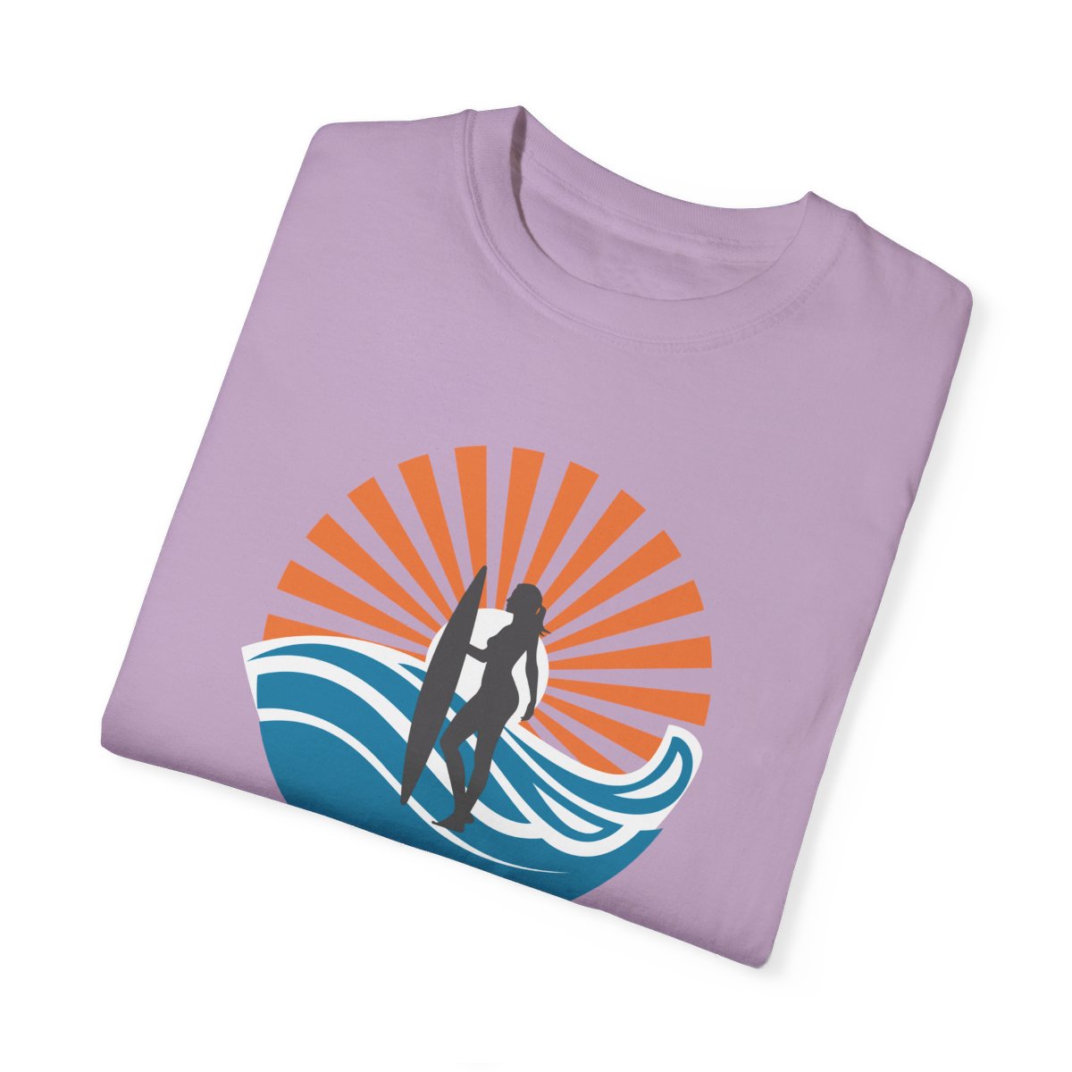 Chic Surfer Themed T-shirt Featuring Riding Girl with Cool Phrase