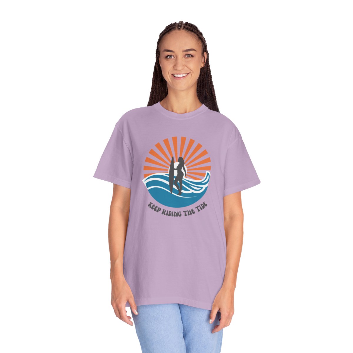 Chic Surfer Themed T-shirt Featuring Riding Girl with Cool Phrase