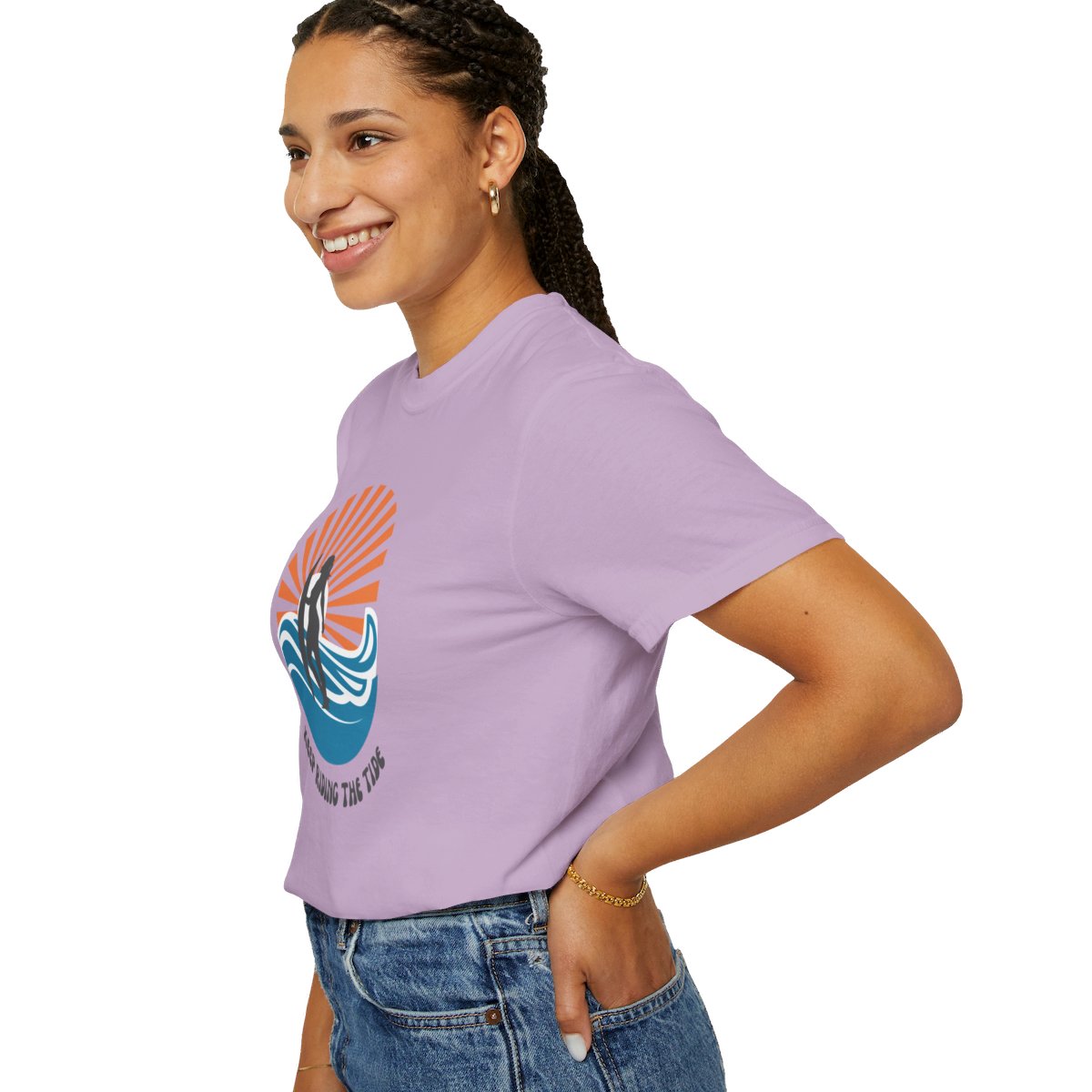 Chic Surfer Themed T-shirt Featuring Riding Girl with Cool Phrase
