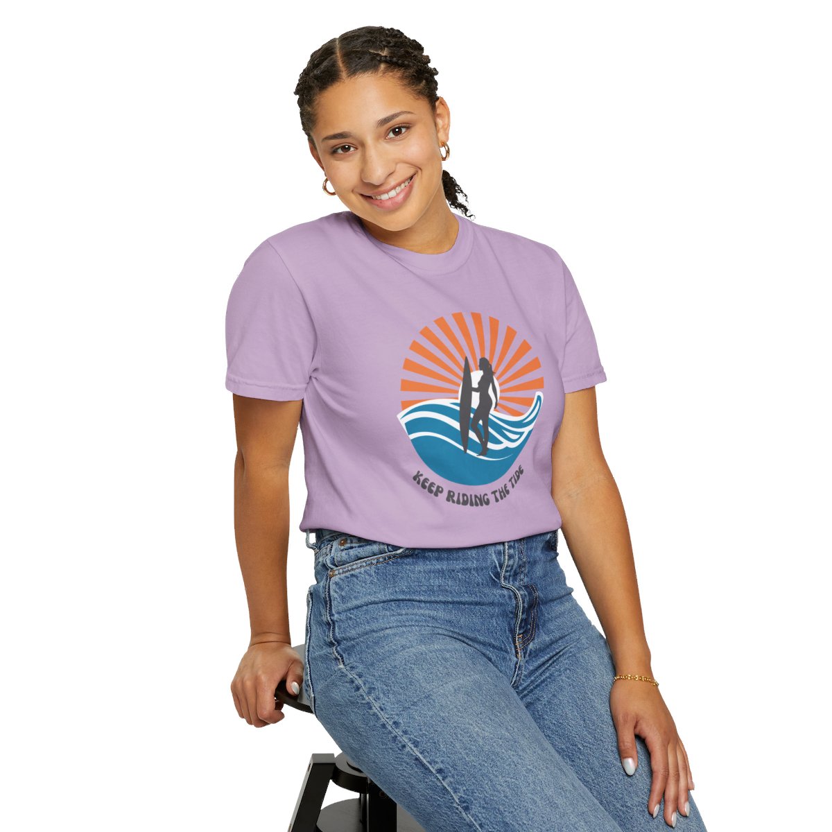 Chic Surfer Themed T-shirt Featuring Riding Girl with Cool Phrase