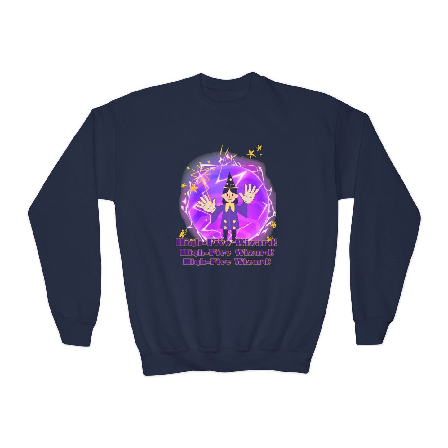Cozy Youth Crewneck Sweatshirt Featuring High-Five Wizard