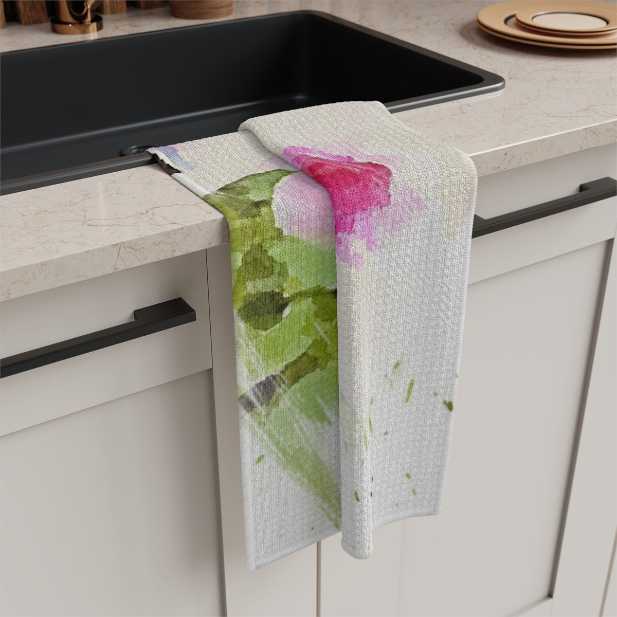 Chic Garden Floral Microfiber Tea Towel in Watercolor Style