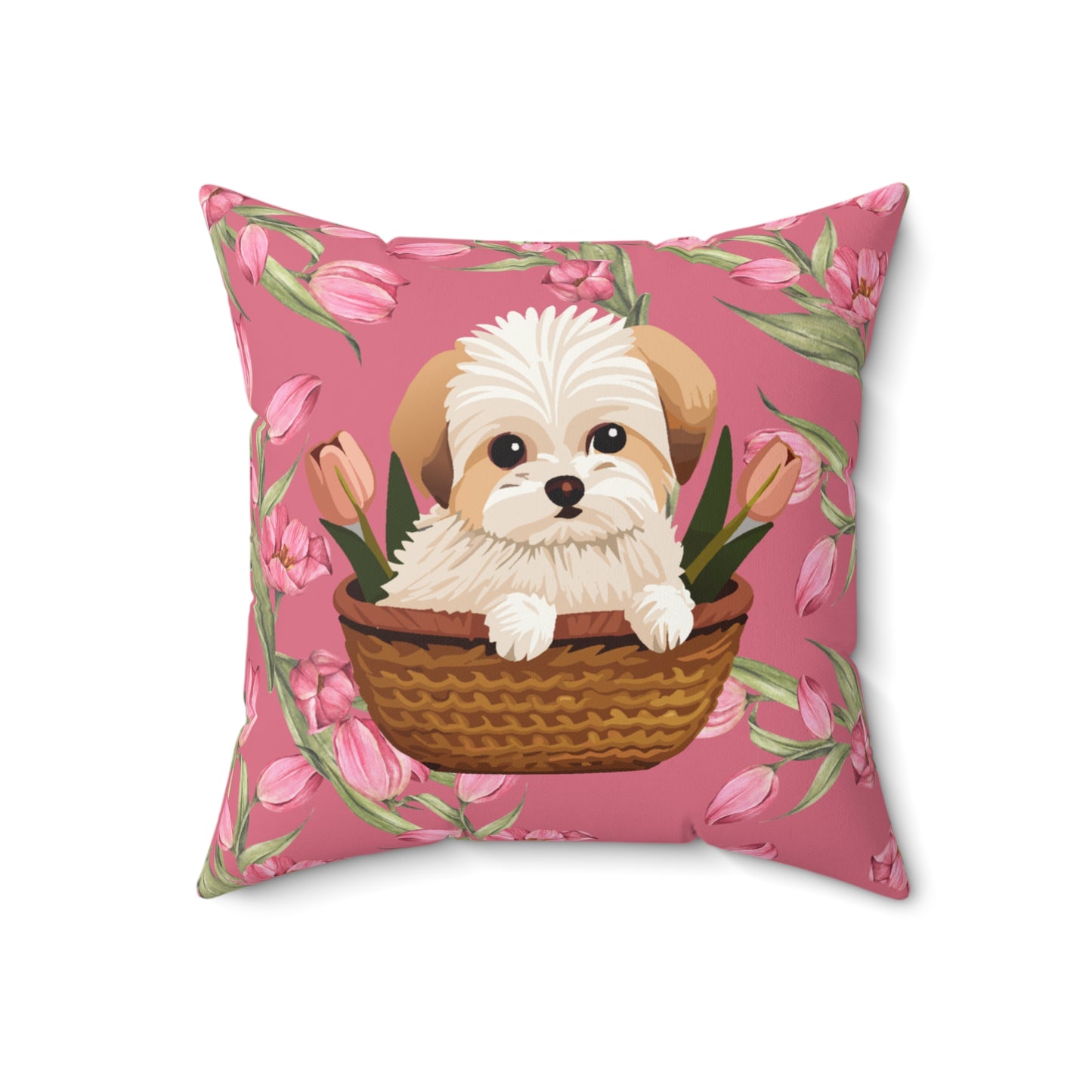 Square Pillow Featuring Adorable Brown Maltese and Pink Tulips
