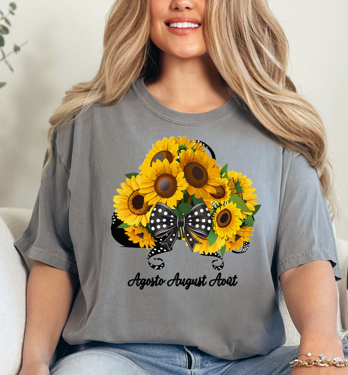 August Inspired Floral T-Shirt Featuring Sunflowers Bouquet