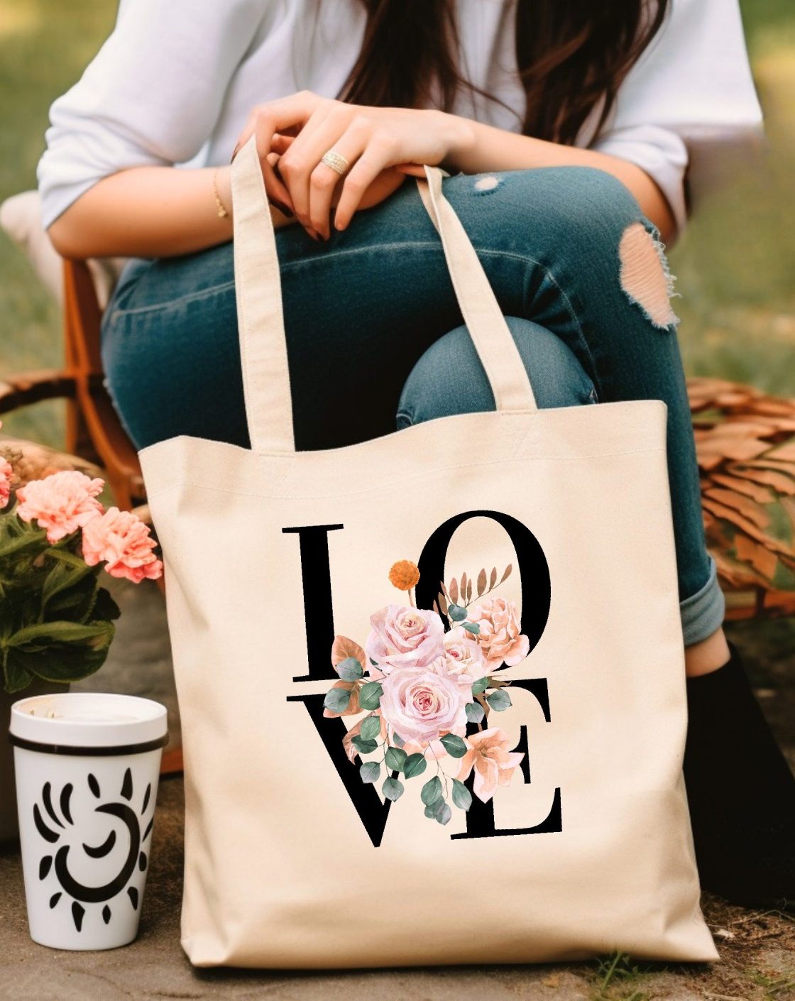 Vintage Style Floral Tote Bag with Love