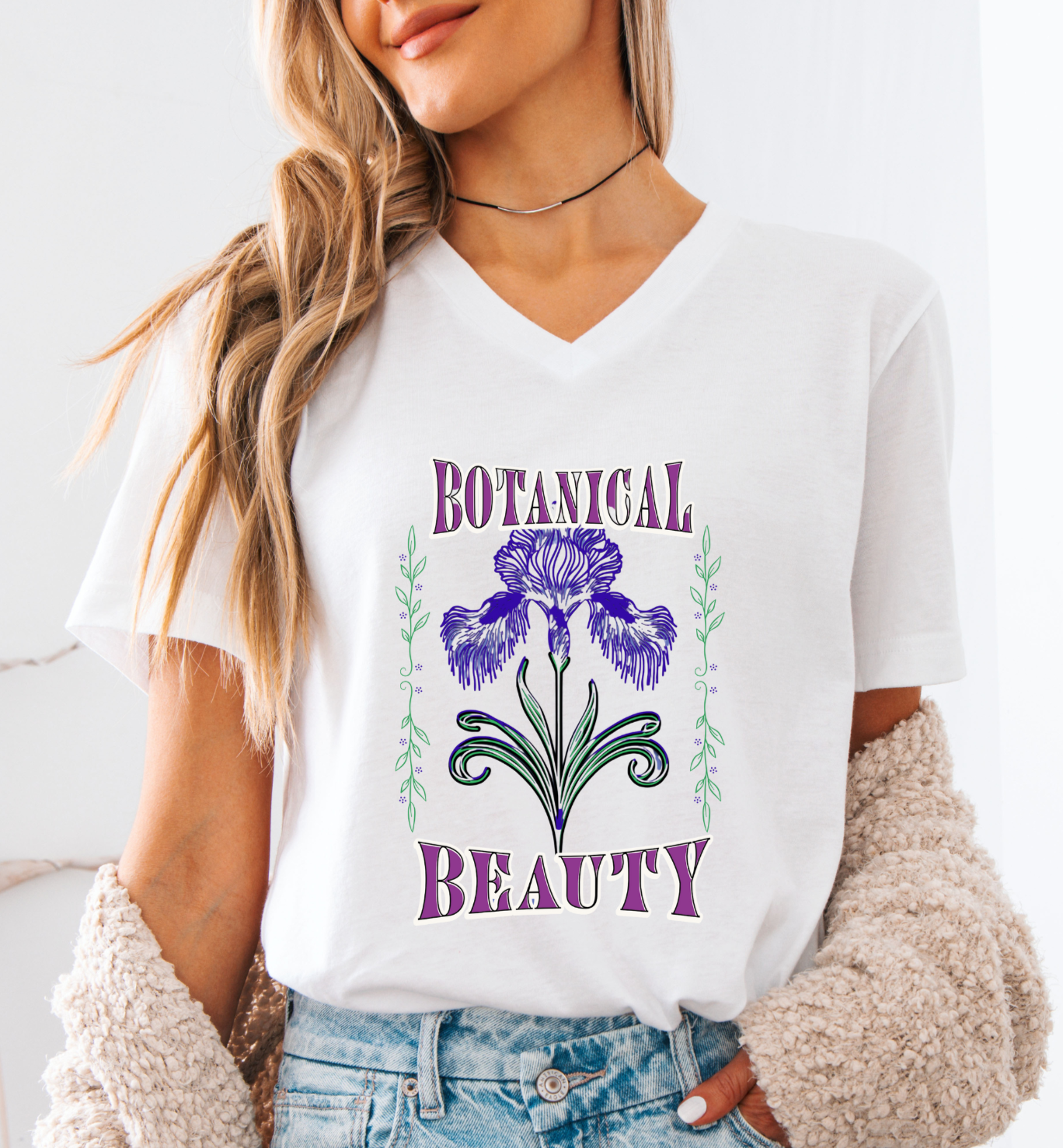 Botanical Beauty Vintage Inspired Jersey Short Sleeve V-Neck Tee
