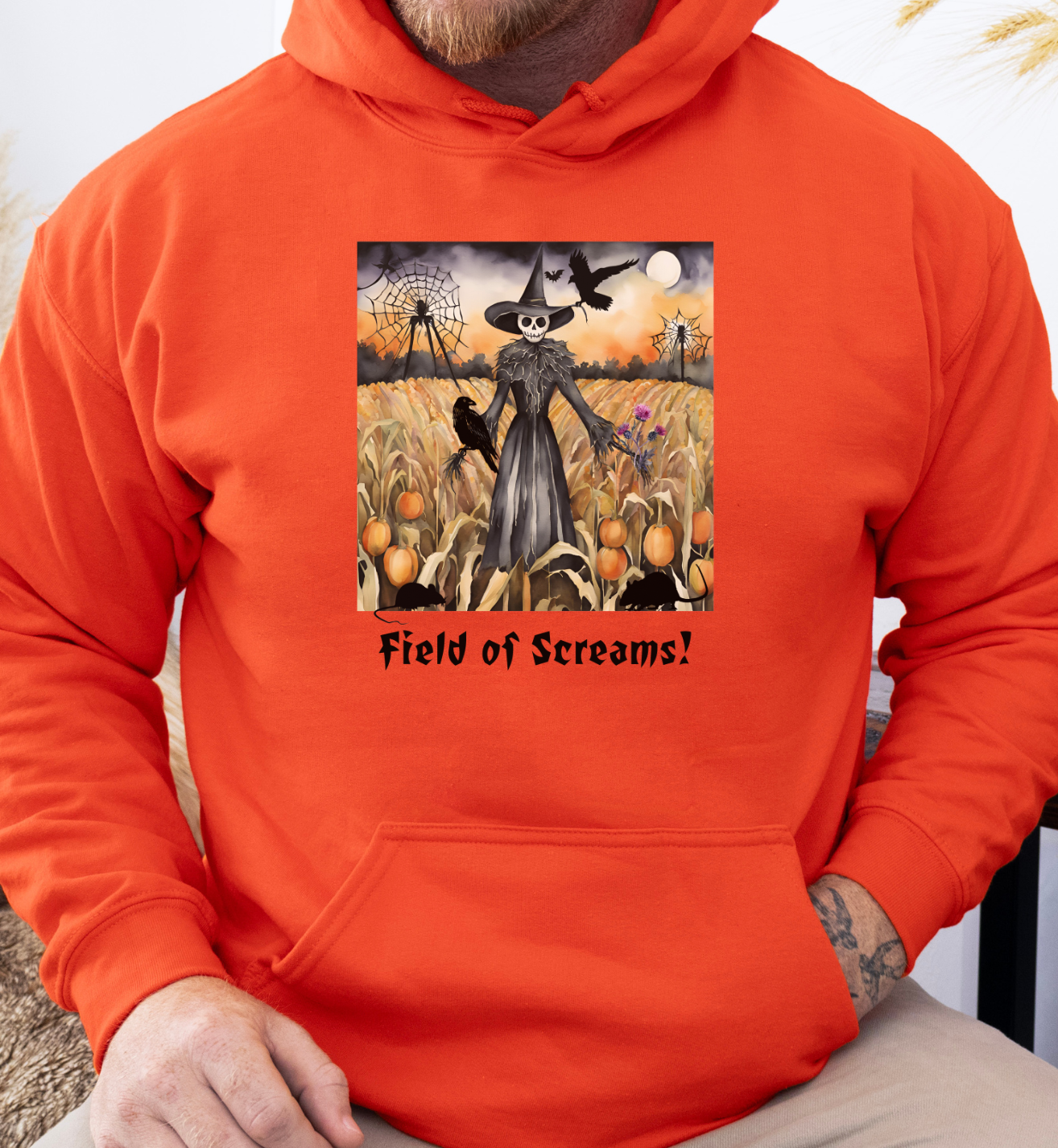 Comfy Halloween Hooded Sweatshirt Featuring Creepy Scarecrow