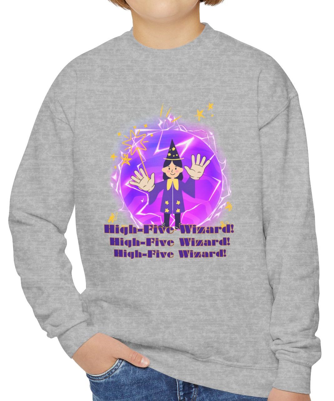 Cozy Youth Crewneck Sweatshirt Featuring High-Five Wizard