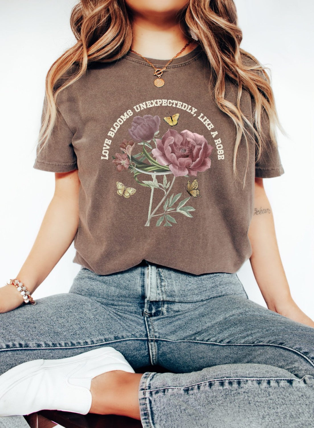 Comfy Love Blooms Unexpectedly Like A Rose T-shirt with White Lettering