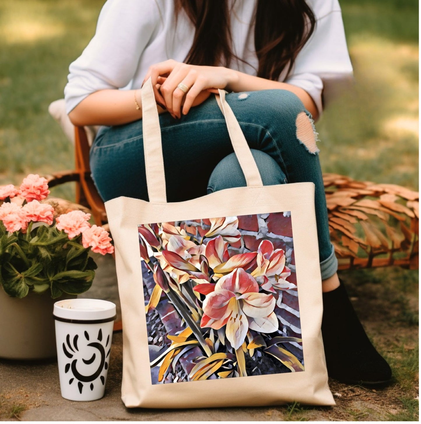 Chic Floral Carryall Tote - Retro Amaryllis Stonewall Sustainable Cotton Canvas