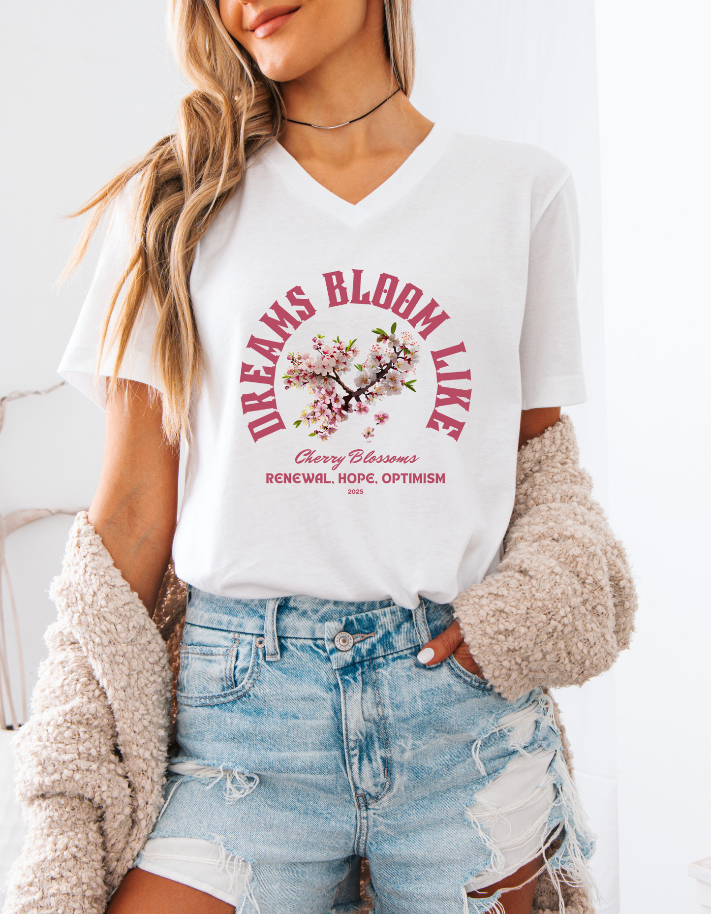 Cherry Blossom V-Neck Tee - Dreams Bloom Like Cherry Blossoms