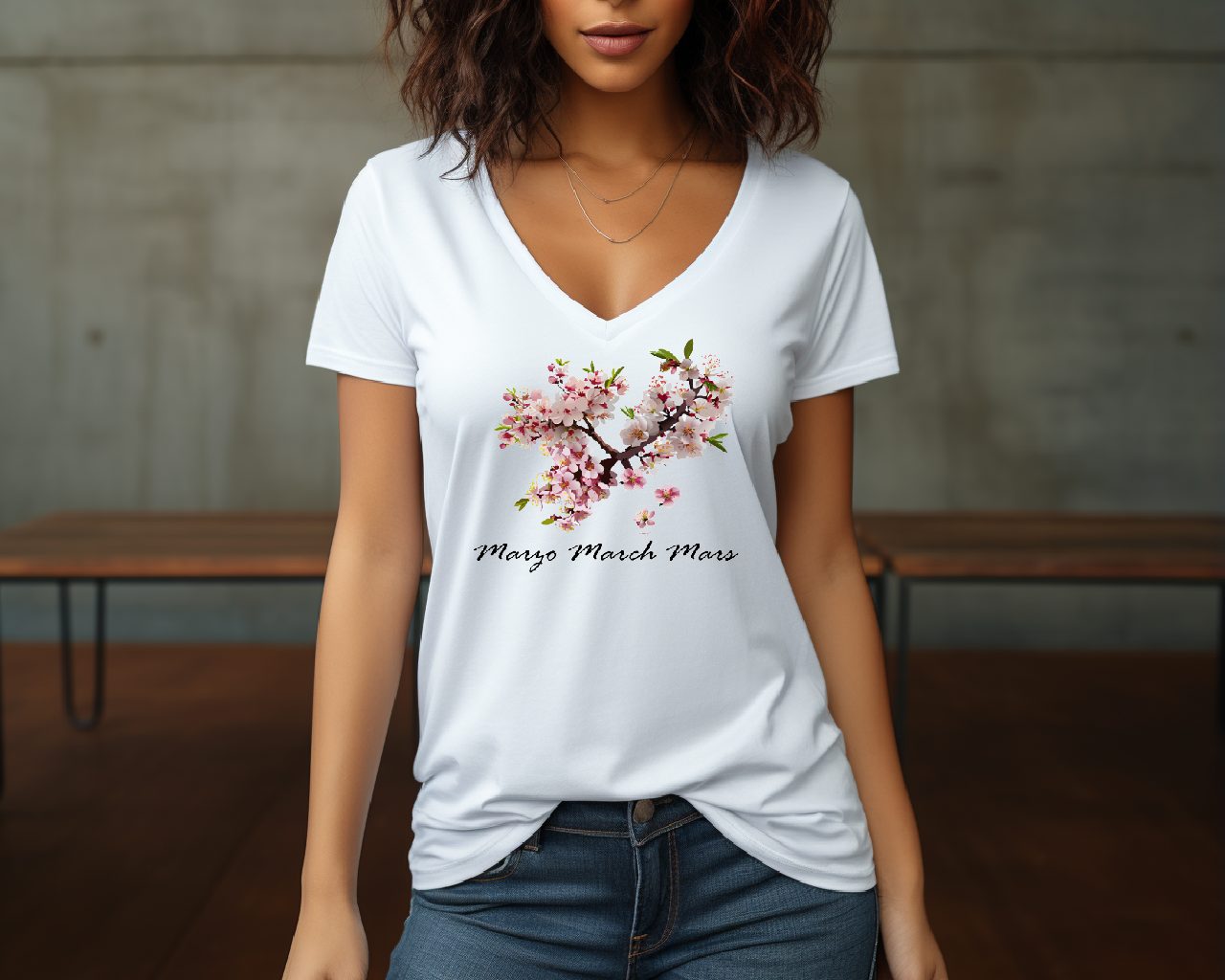 March Seasonal Flower, Sakura - Women's Jersey Short Sleeve Deep V-Neck Tee