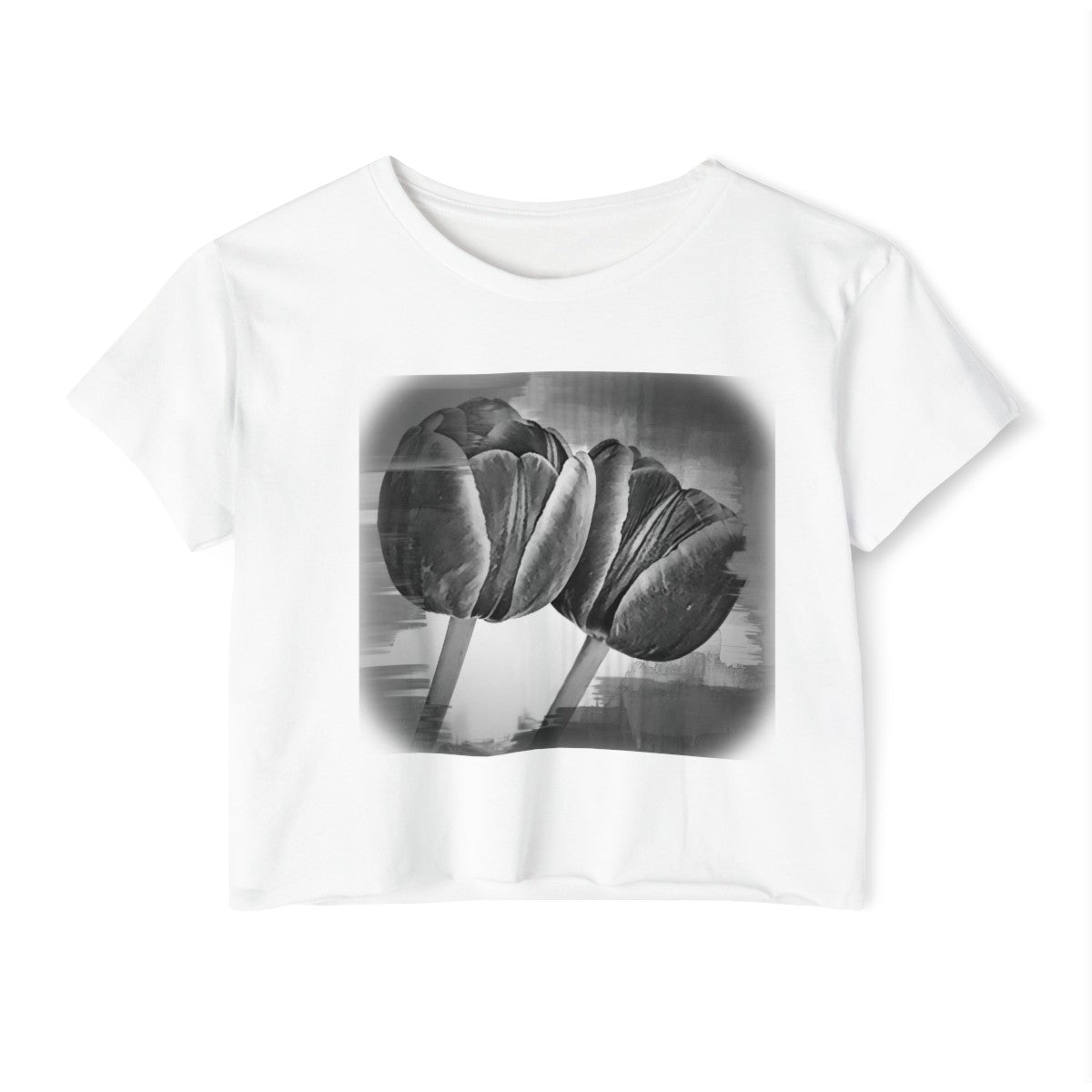 Vintage Style White Crop Top with Monochrome Tulips