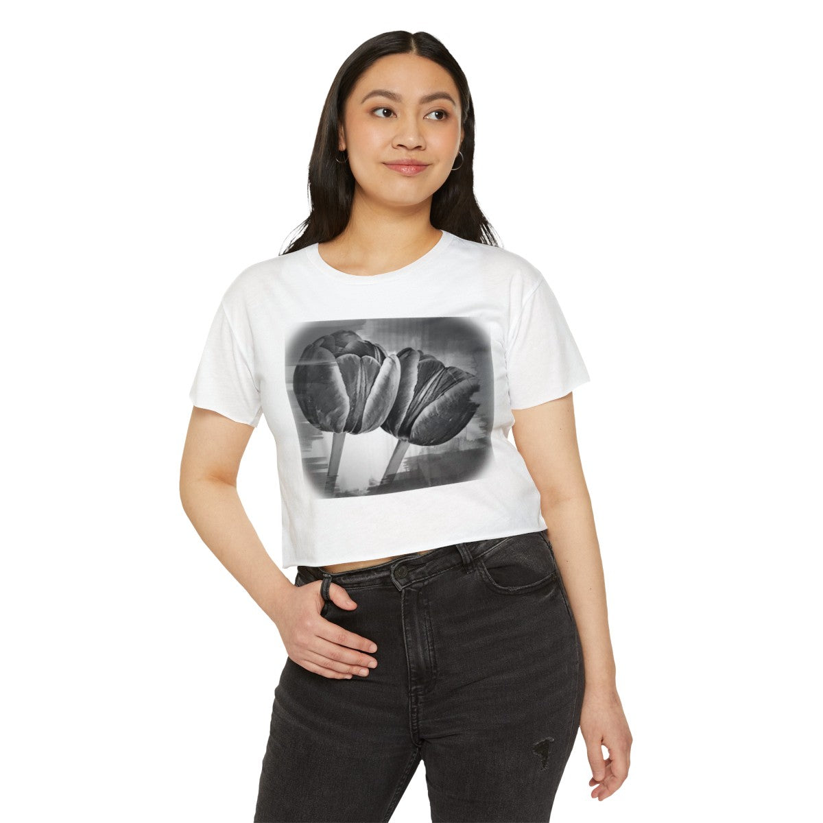 Vintage Style White Crop Top with Monochrome Tulips
