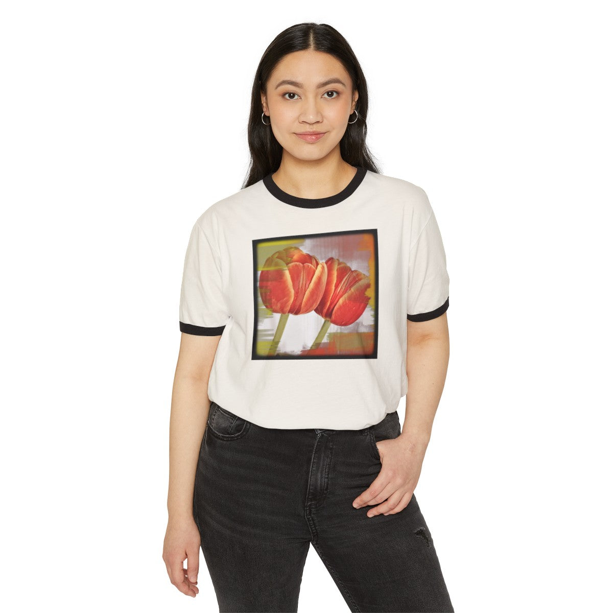 Vintage Style Comfy White T-Shirt with Orange Tulips