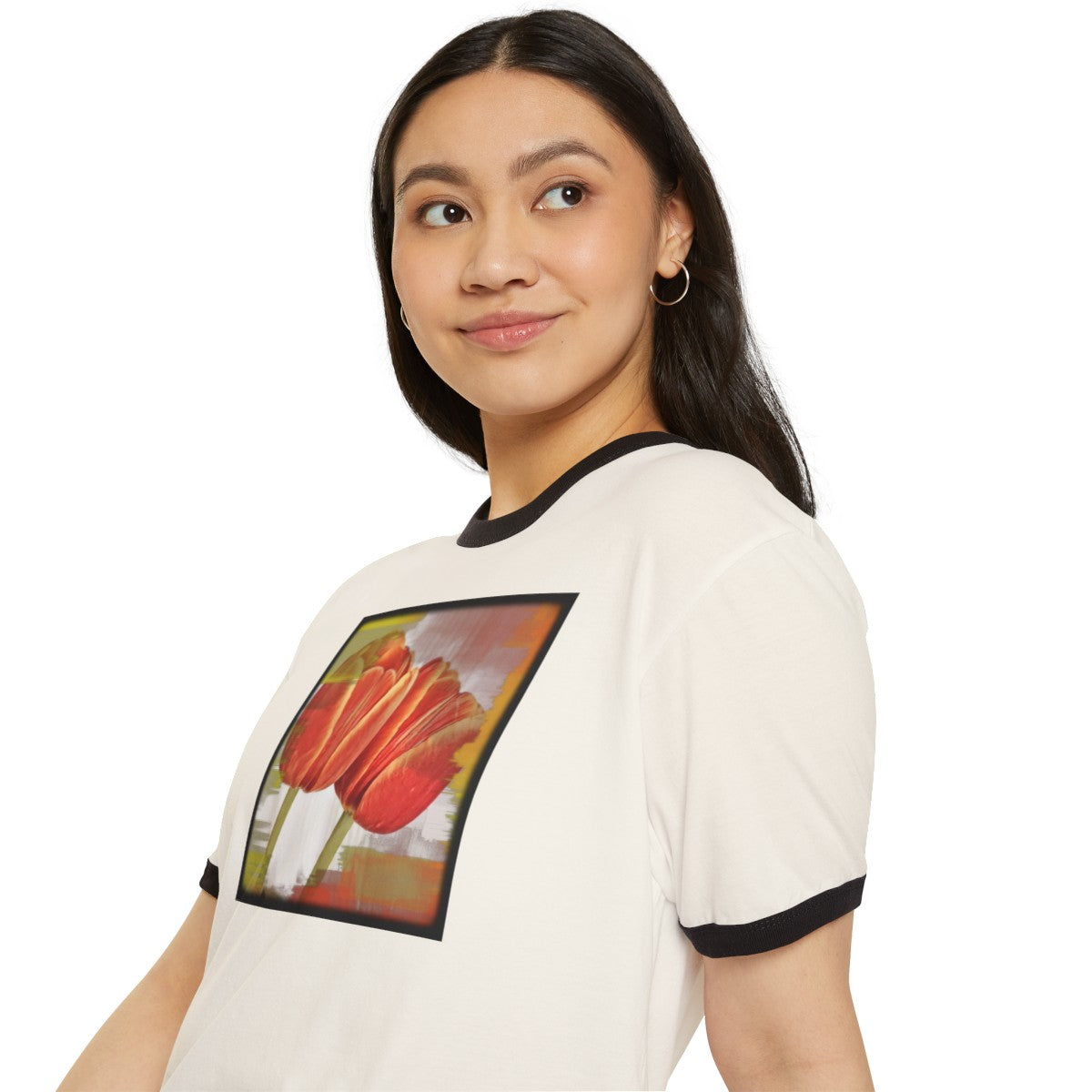 Vintage Style Comfy White T-Shirt with Orange Tulips