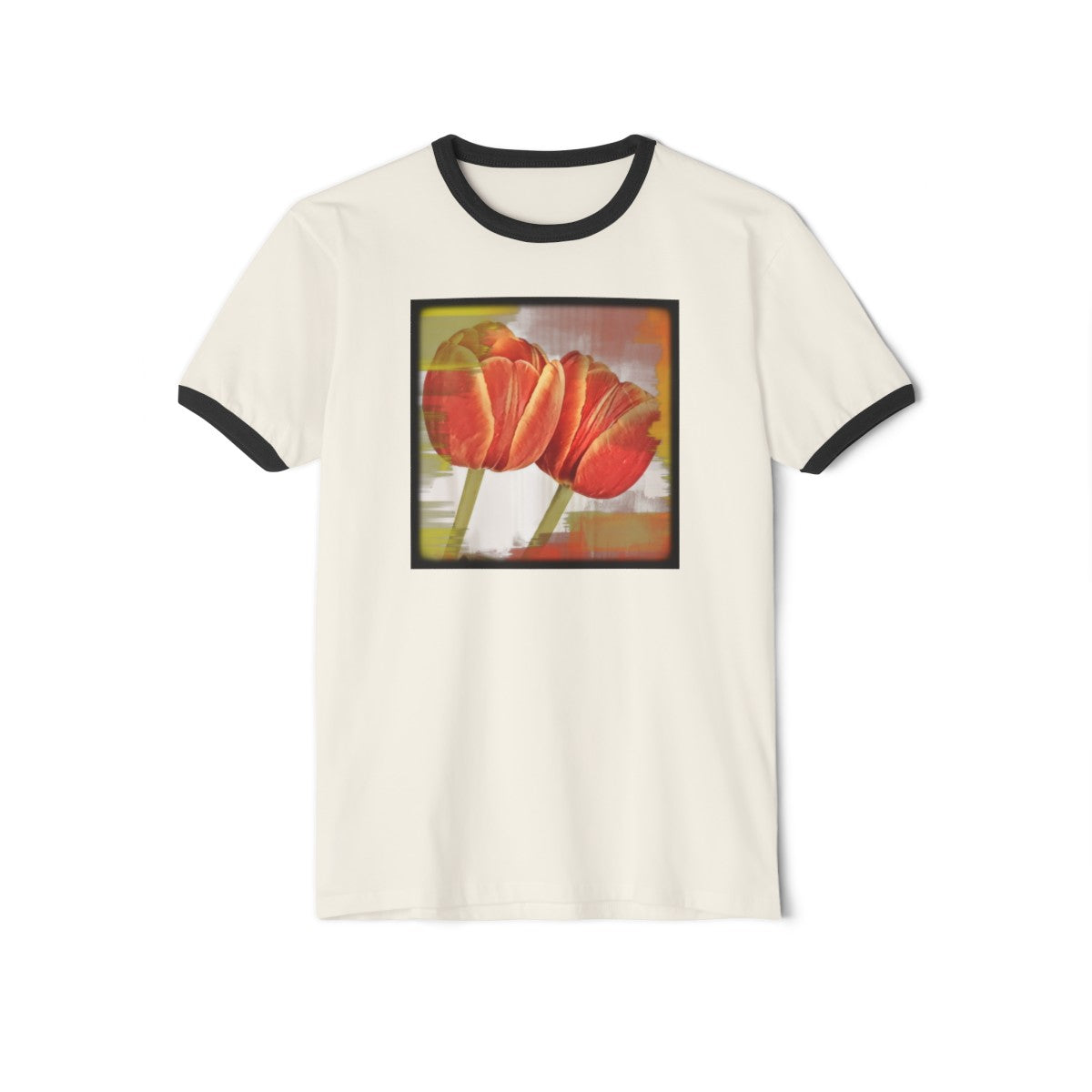 Vintage Style Comfy White T-Shirt with Orange Tulips