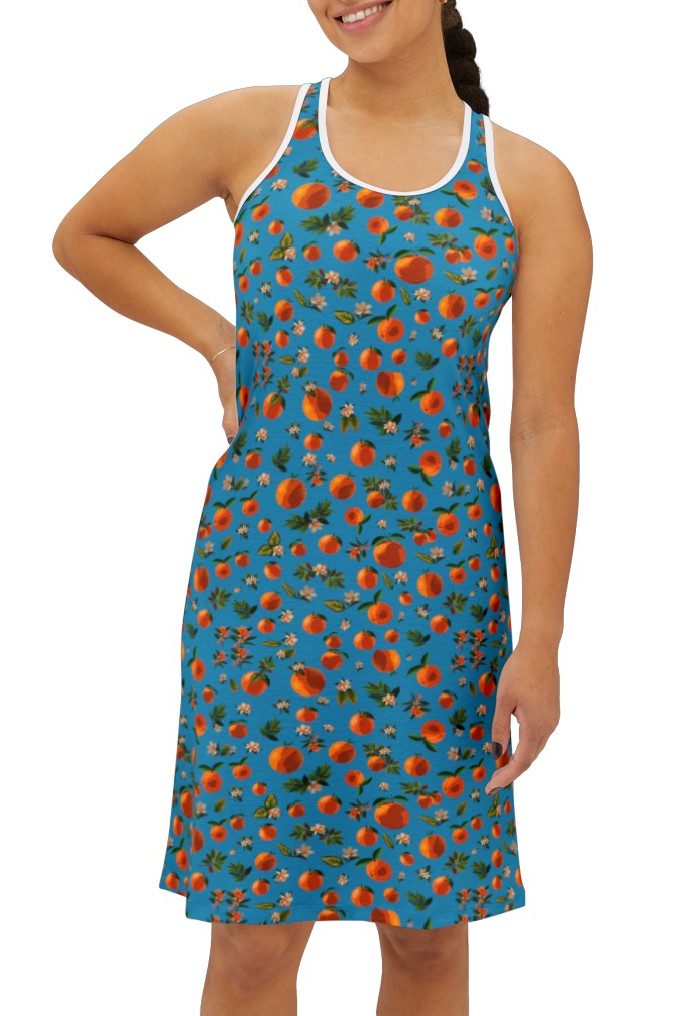 Blossoming Oranges Racerback Dress in Turquoise