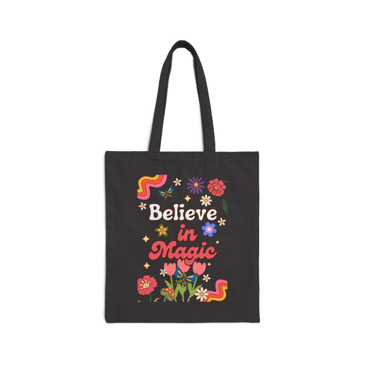 Brighten your day and your style with our high-quality cotton tote bag, featuring charming retro-style daisy flowers and an inspirational quote about believing in the magic of life!