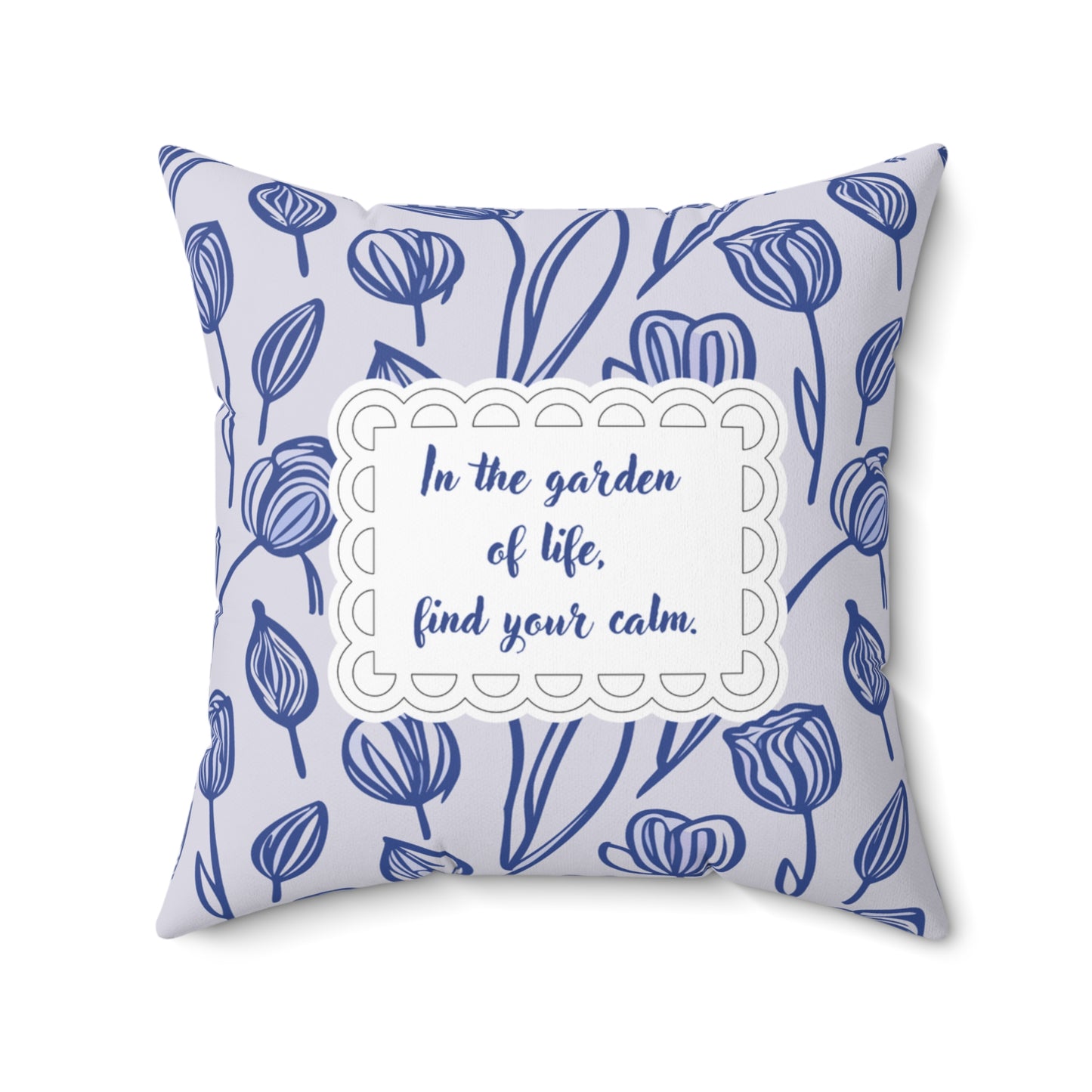 Delftware Inspired Square Pillow Featuring Inspirational Phrase