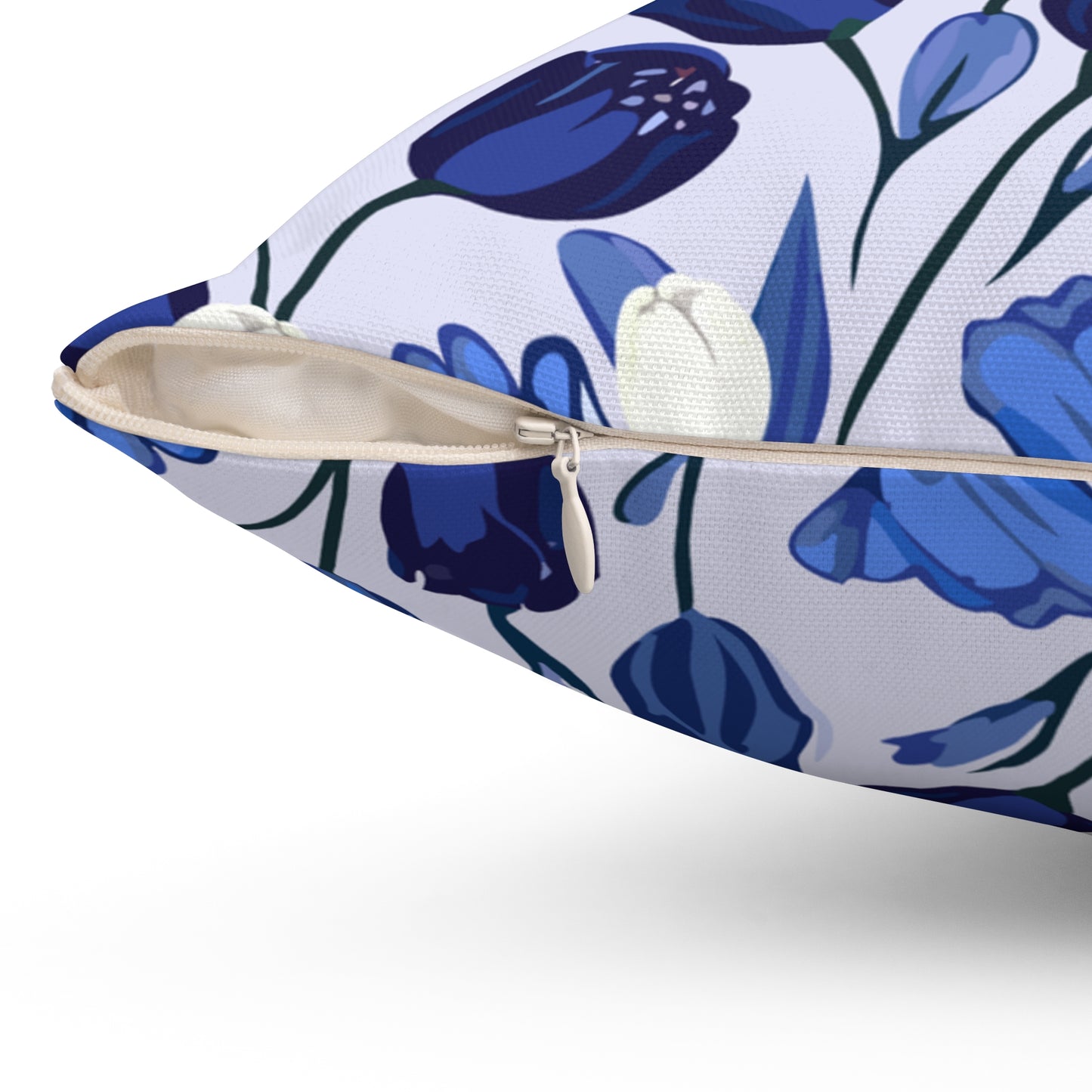 Delftware Inspired Square Pillow Featuring Elegant Blue Tulips