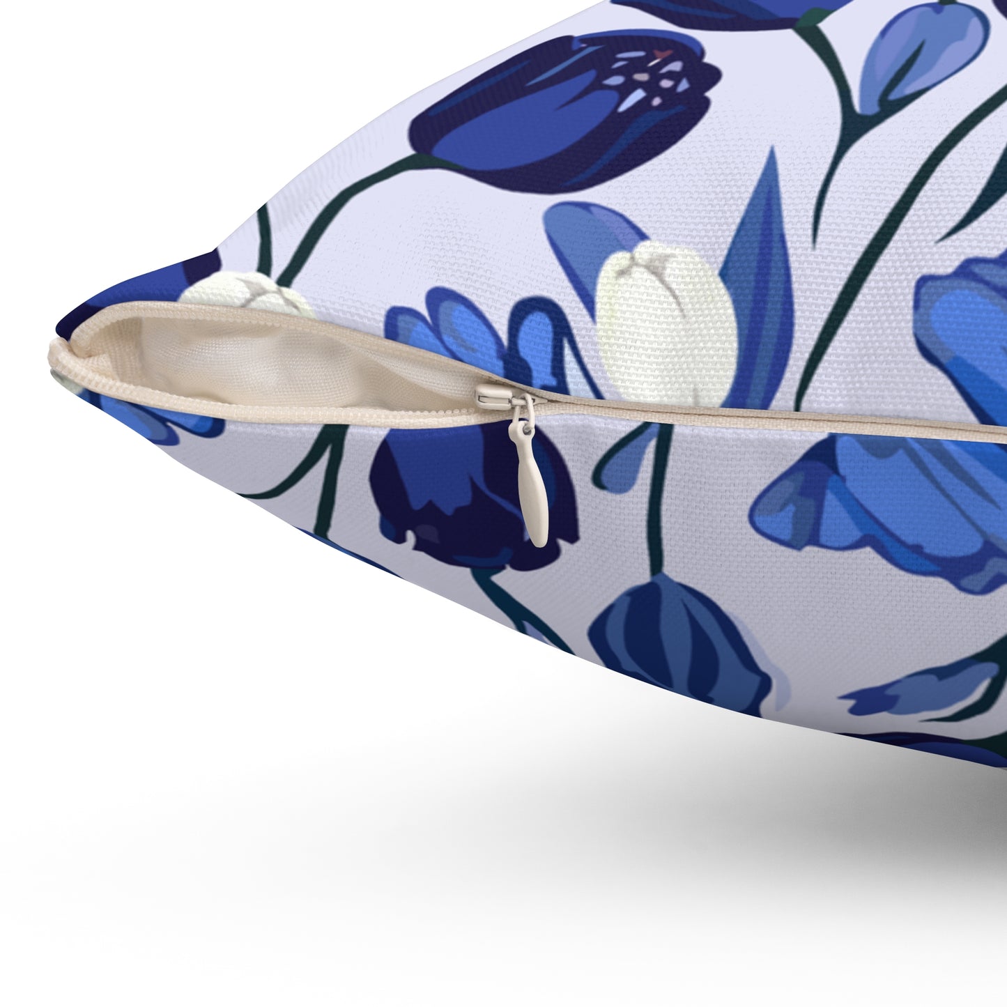 Delftware Inspired Square Pillow Featuring Elegant Blue Tulips
