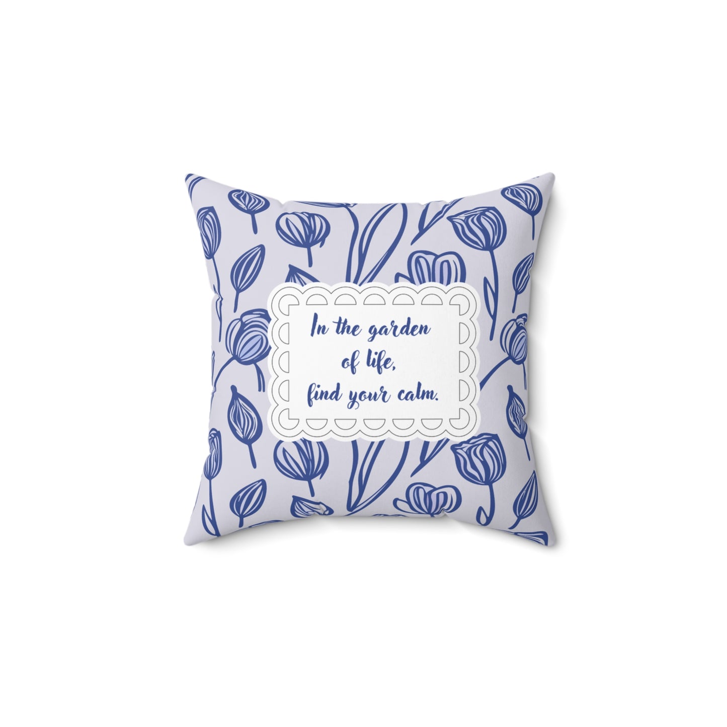 Delftware Inspired Square Pillow Featuring Inspirational Phrase