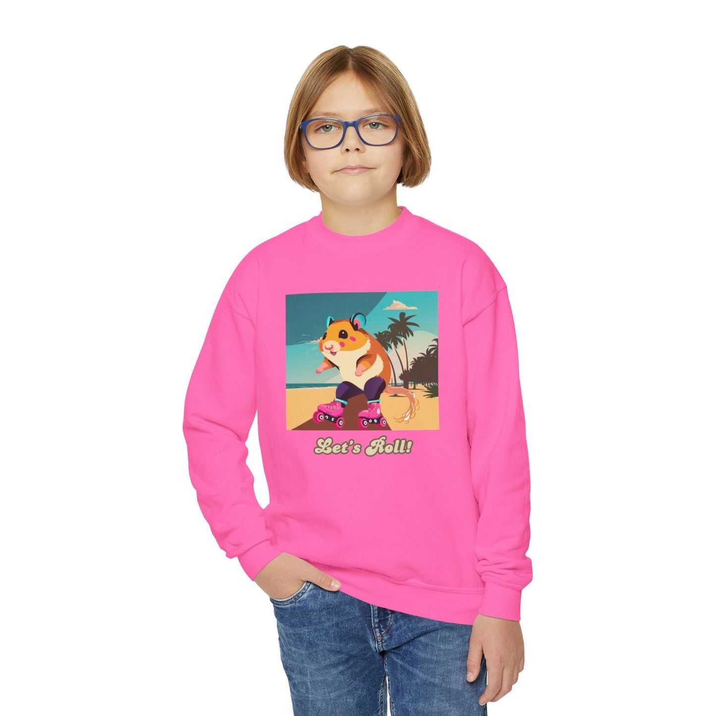 Cozy Youth Crewneck Sweatshirt Featuring Roller Skating Hammy