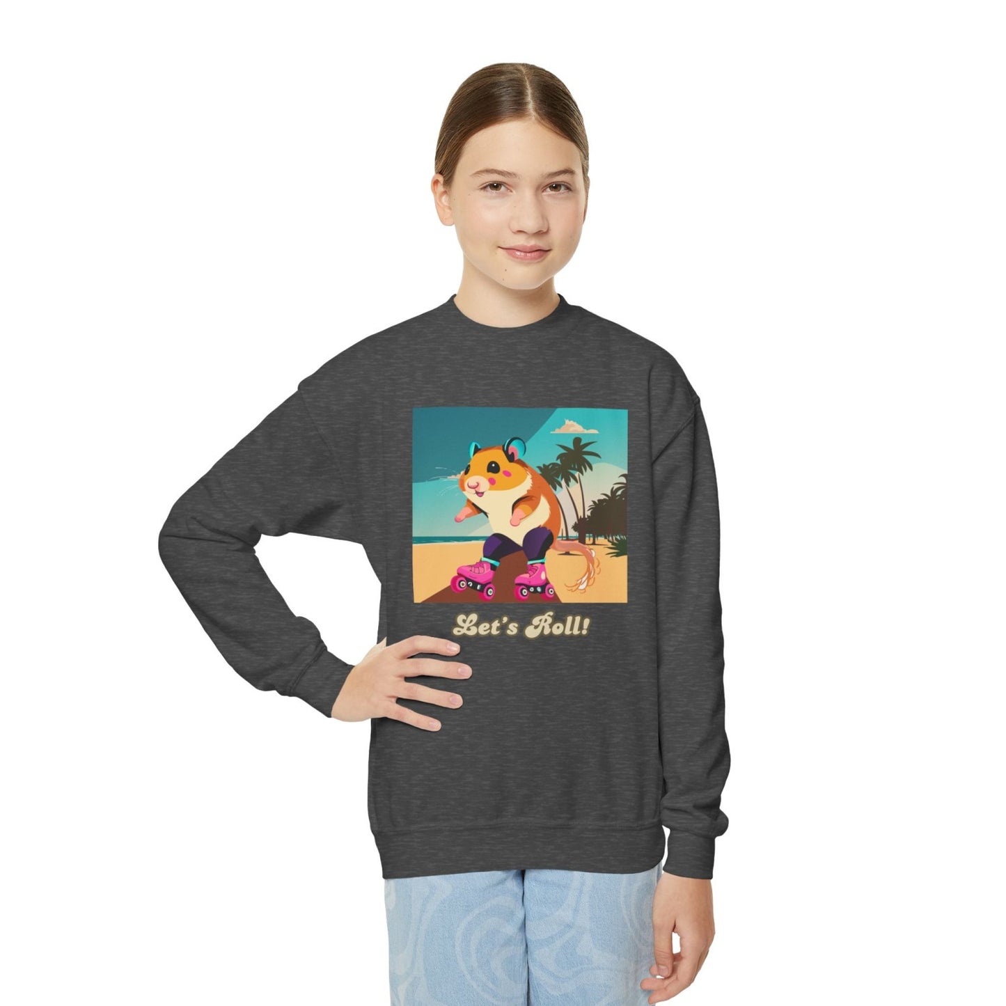 Cozy Youth Crewneck Sweatshirt Featuring Roller Skating Hammy
