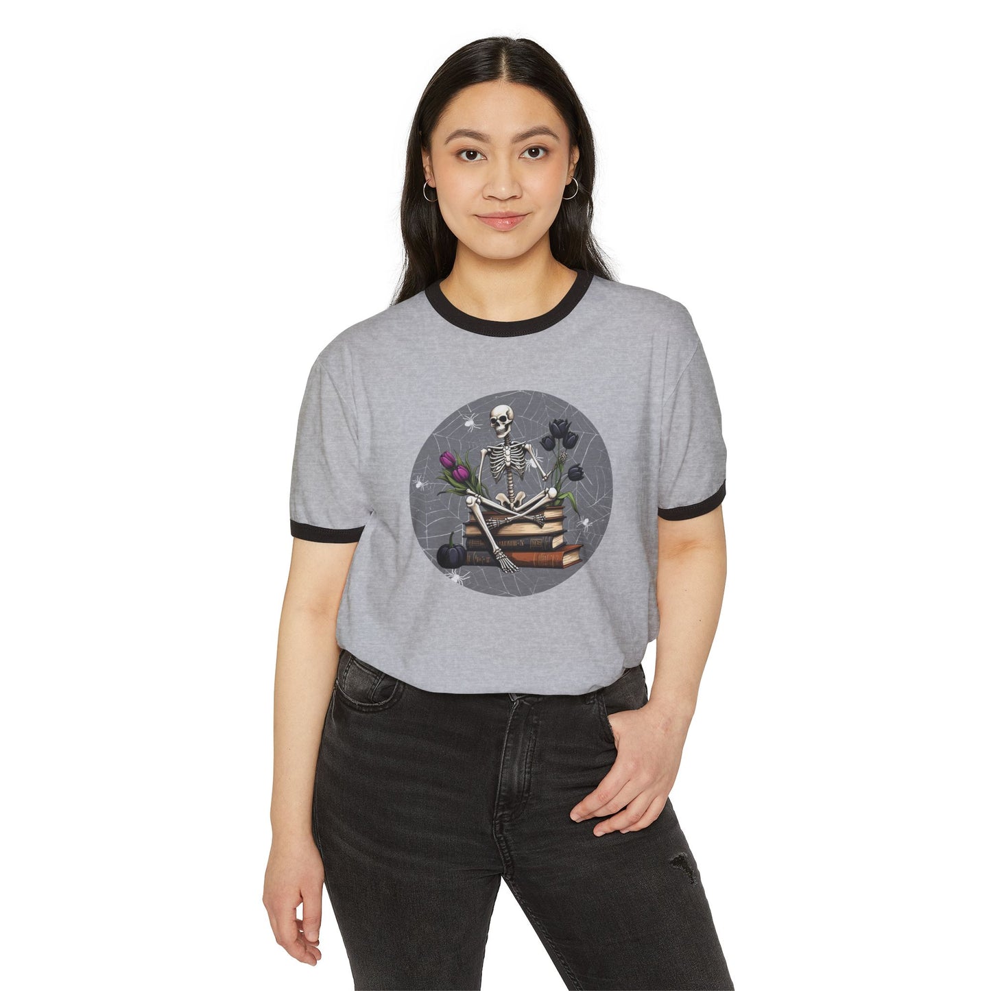 Skeleton Book Lover Ringer T-Shirt, Unique Graphic Tee, Cute Halloween Outfit, Unisex Gift for Readers, Literary Apparel
