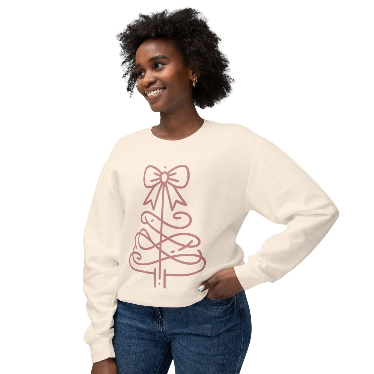 Cozy Sweatshirt with Coquette Inspired Bow Topped Christmas Tree