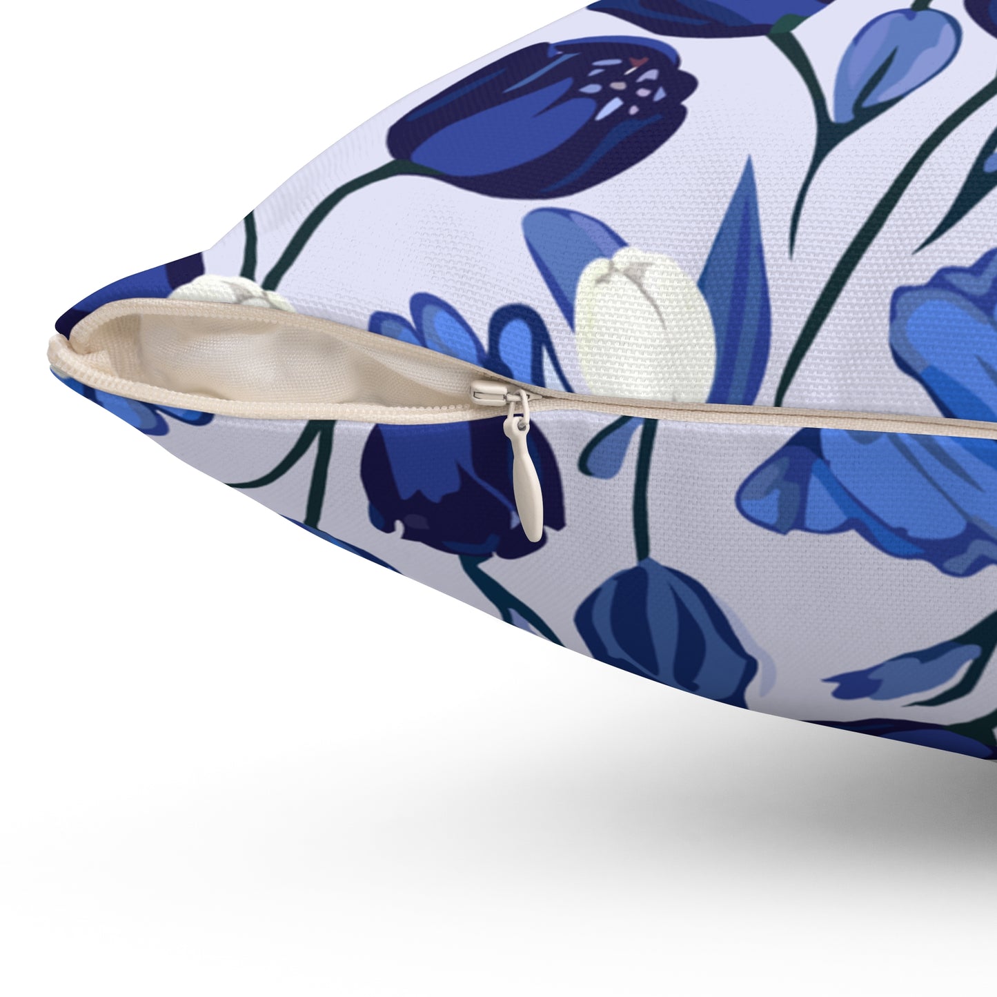 Delftware Inspired Square Pillow Featuring Elegant Blue Tulips