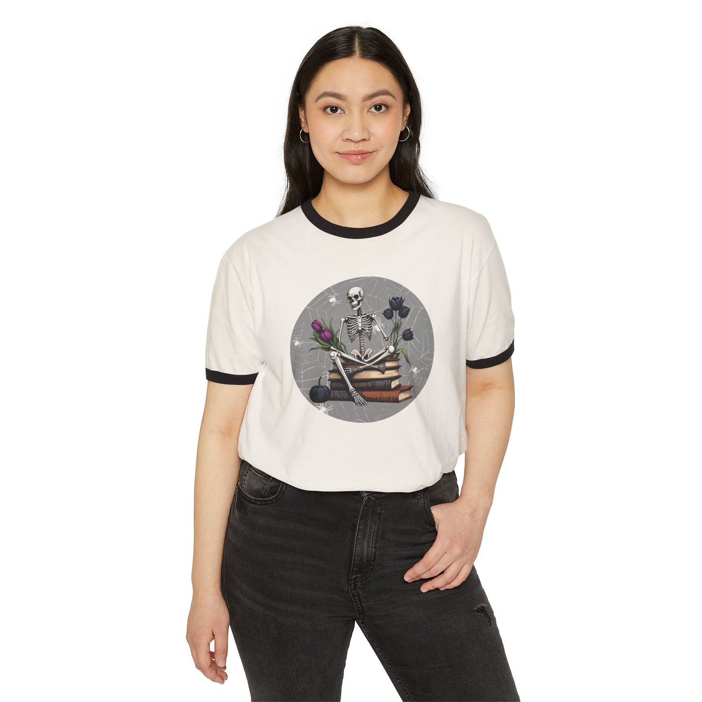Skeleton Book Lover Ringer T-Shirt, Unique Graphic Tee, Cute Halloween Outfit, Unisex Gift for Readers, Literary Apparel