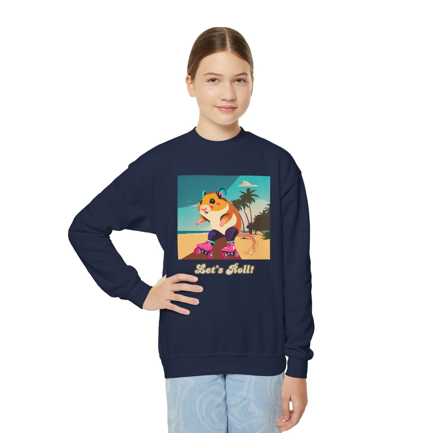 Cozy Youth Crewneck Sweatshirt Featuring Roller Skating Hammy