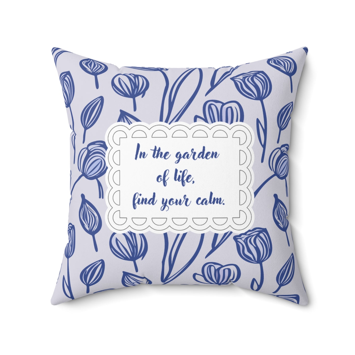 Delftware Inspired Square Pillow Featuring Inspirational Phrase