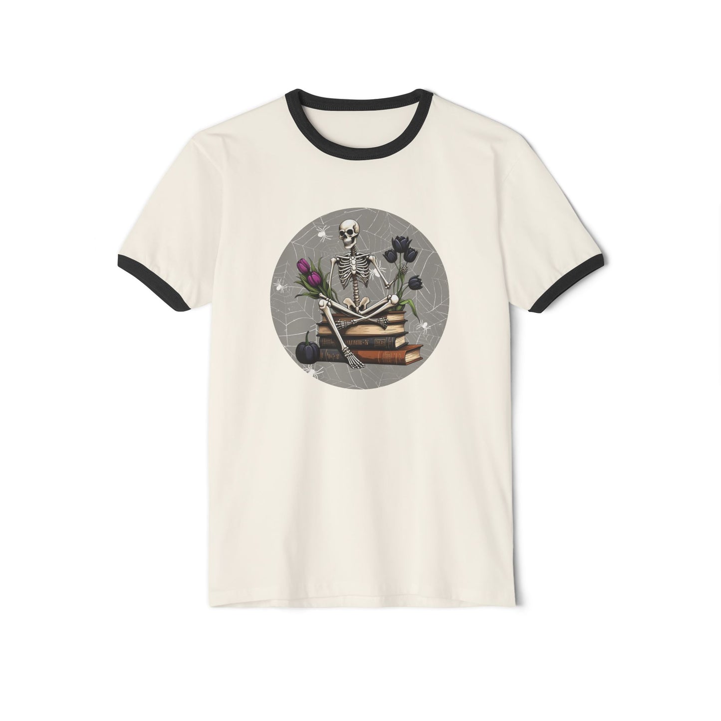Skeleton Book Lover Ringer T-Shirt, Unique Graphic Tee, Cute Halloween Outfit, Unisex Gift for Readers, Literary Apparel
