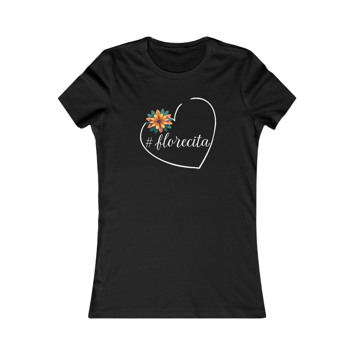 Cute Black Tee for Women with Orange Dahlia & Hashtag Florecita Heart