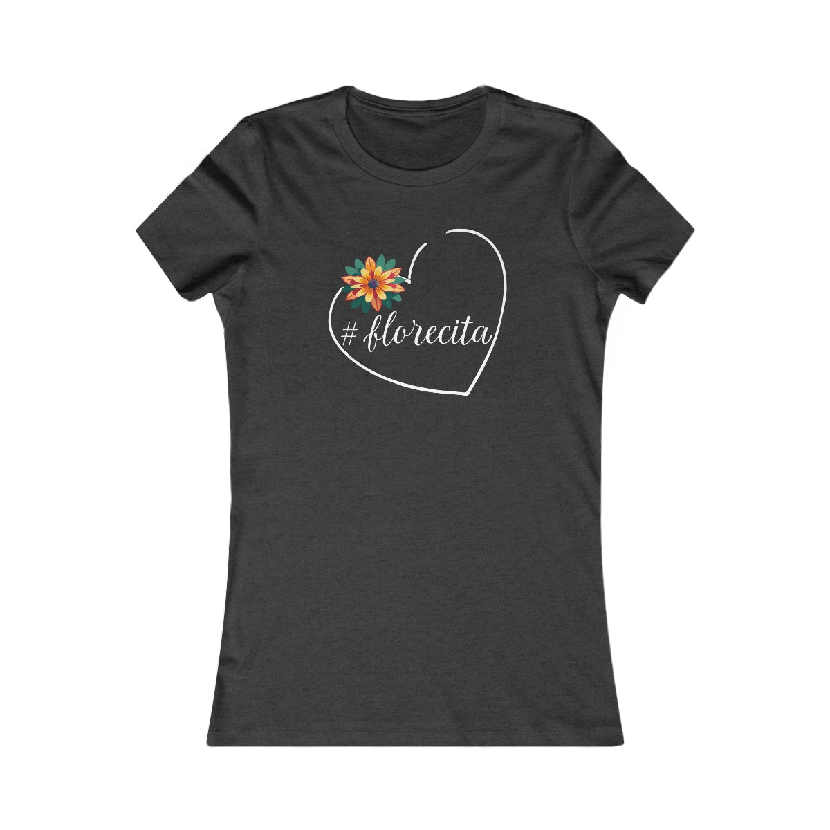 Cute Black Tee for Women with Orange Dahlia & Hashtag Florecita Heart