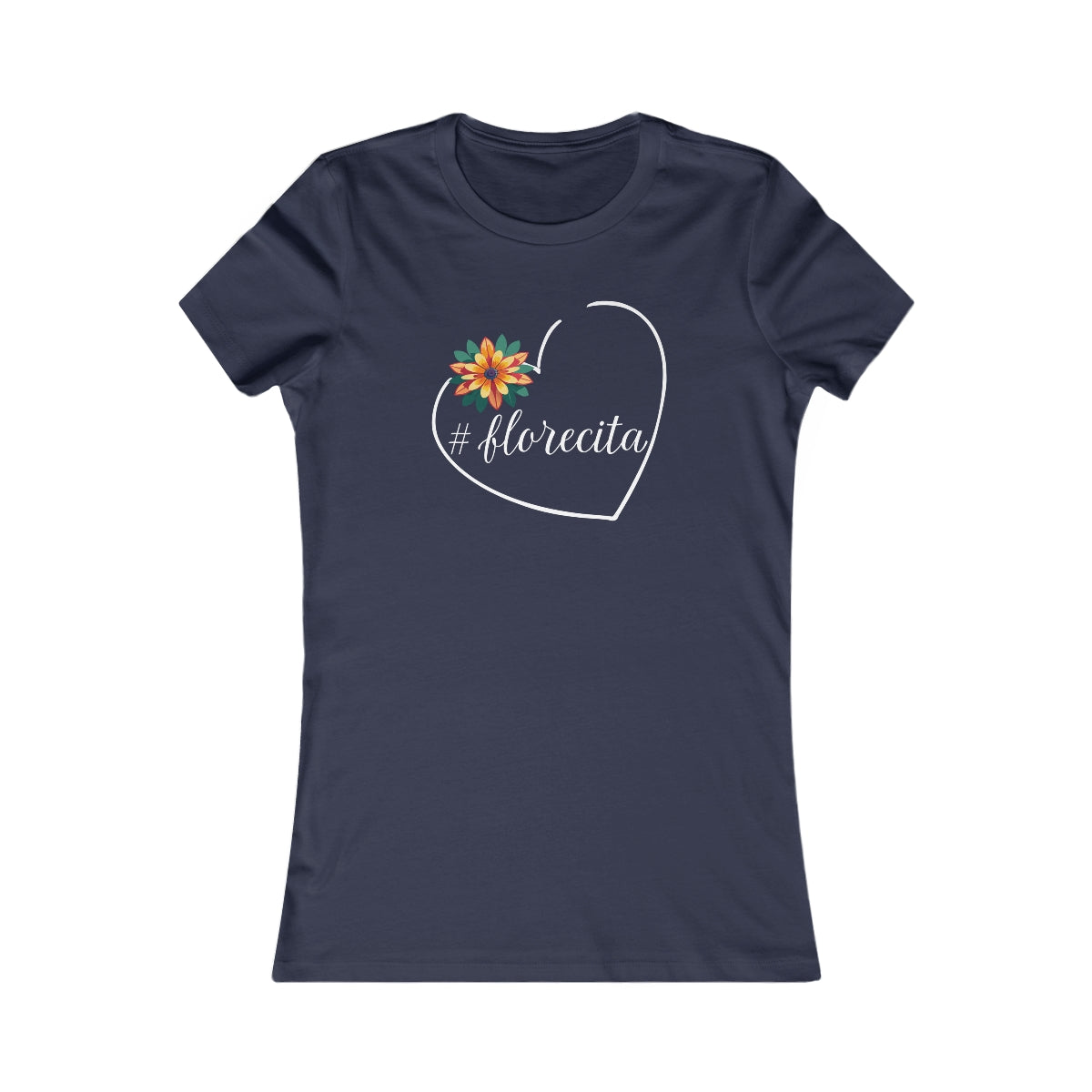 Cute Black Tee for Women with Orange Dahlia & Hashtag Florecita Heart