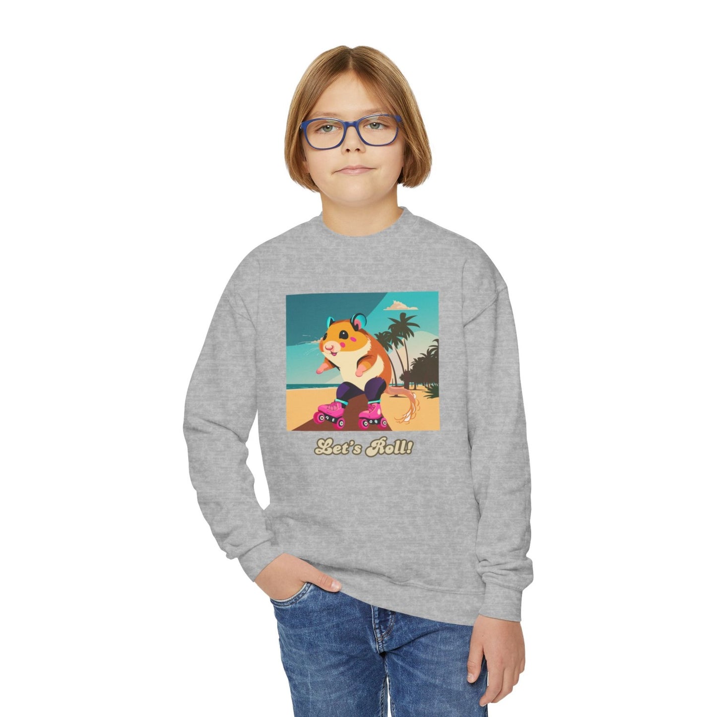Cozy Youth Crewneck Sweatshirt Featuring Roller Skating Hammy