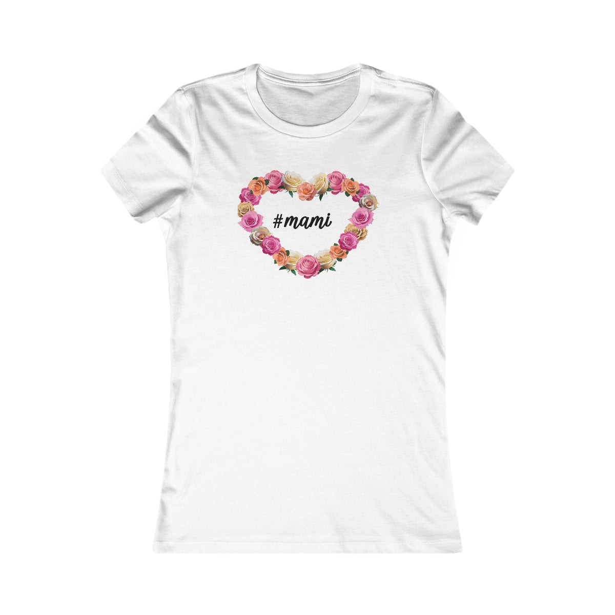 Cute White Tee for Women with Hashtag Mami Heart Rosettes Design