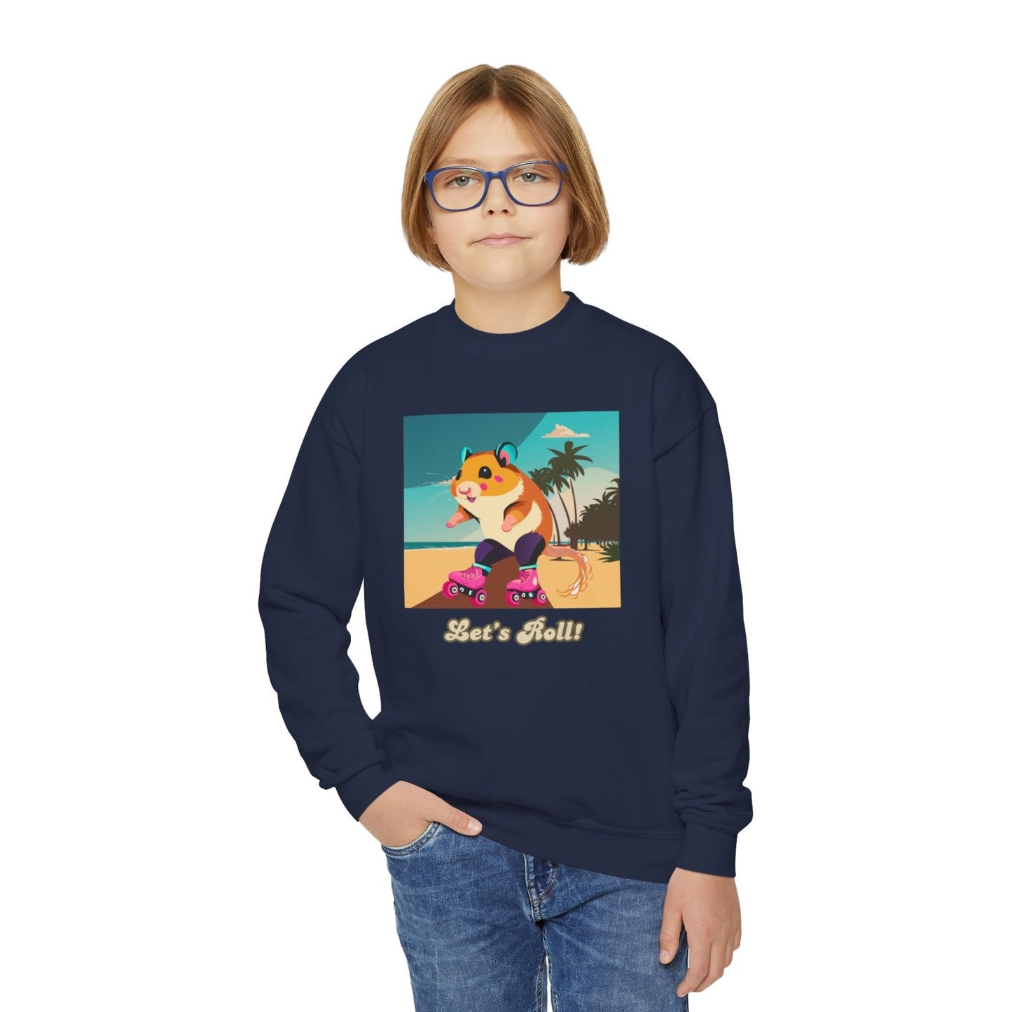 Cozy Youth Crewneck Sweatshirt Featuring Roller Skating Hammy