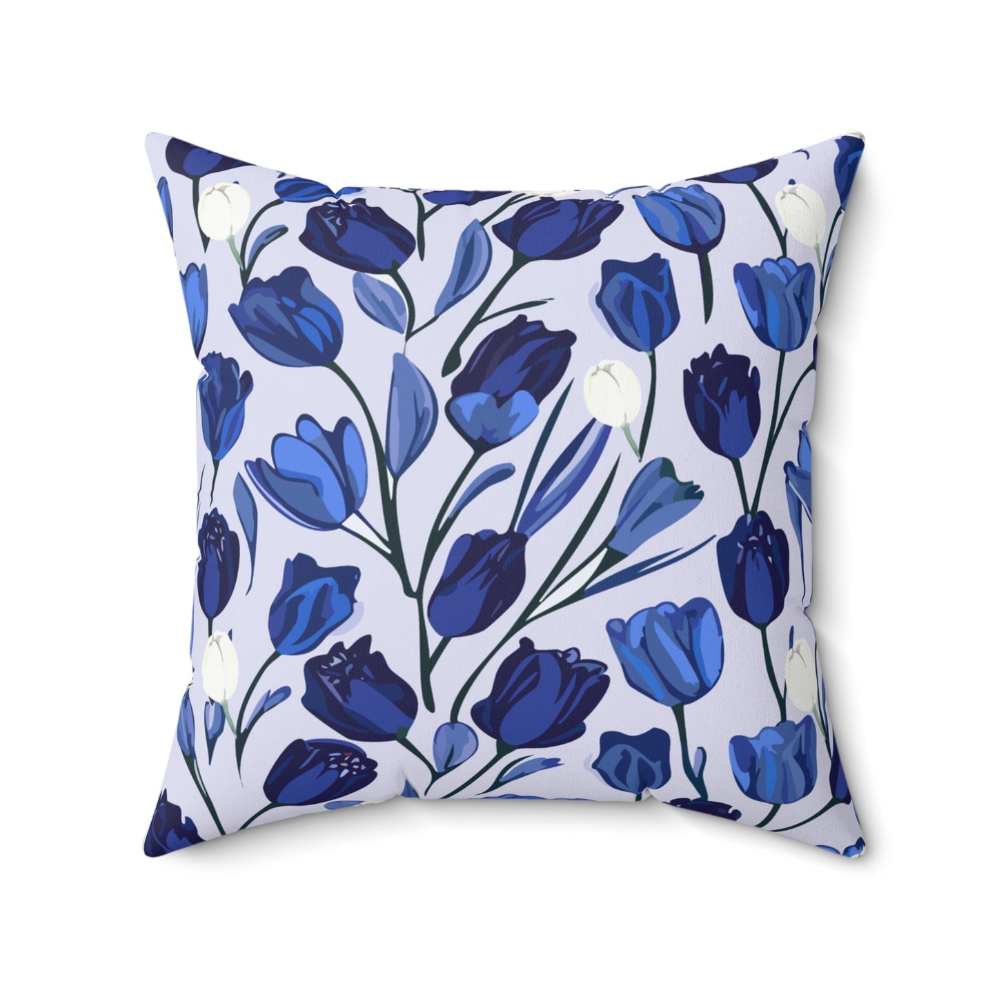 Delftware Inspired Square Pillow Featuring Elegant Blue Tulips