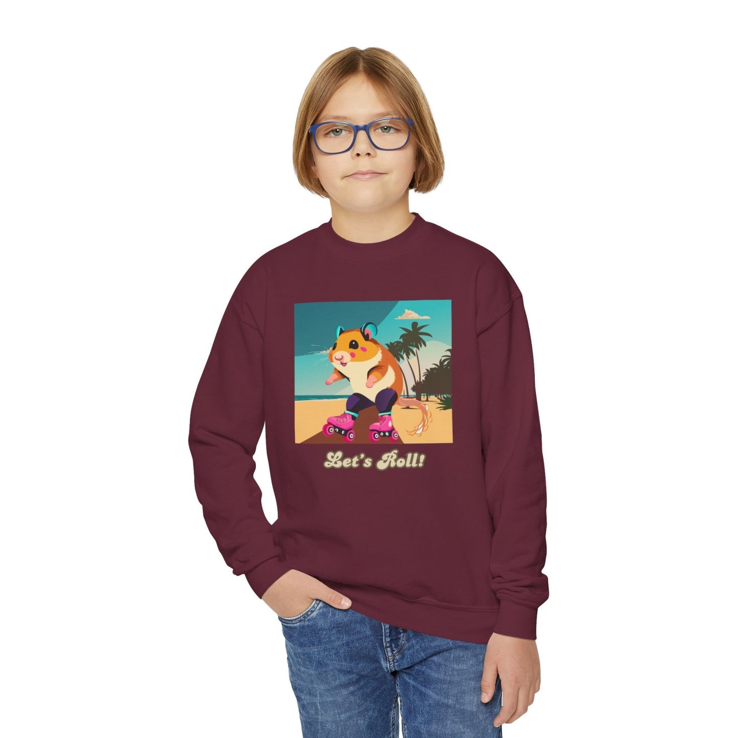 Cozy Youth Crewneck Sweatshirt Featuring Roller Skating Hammy