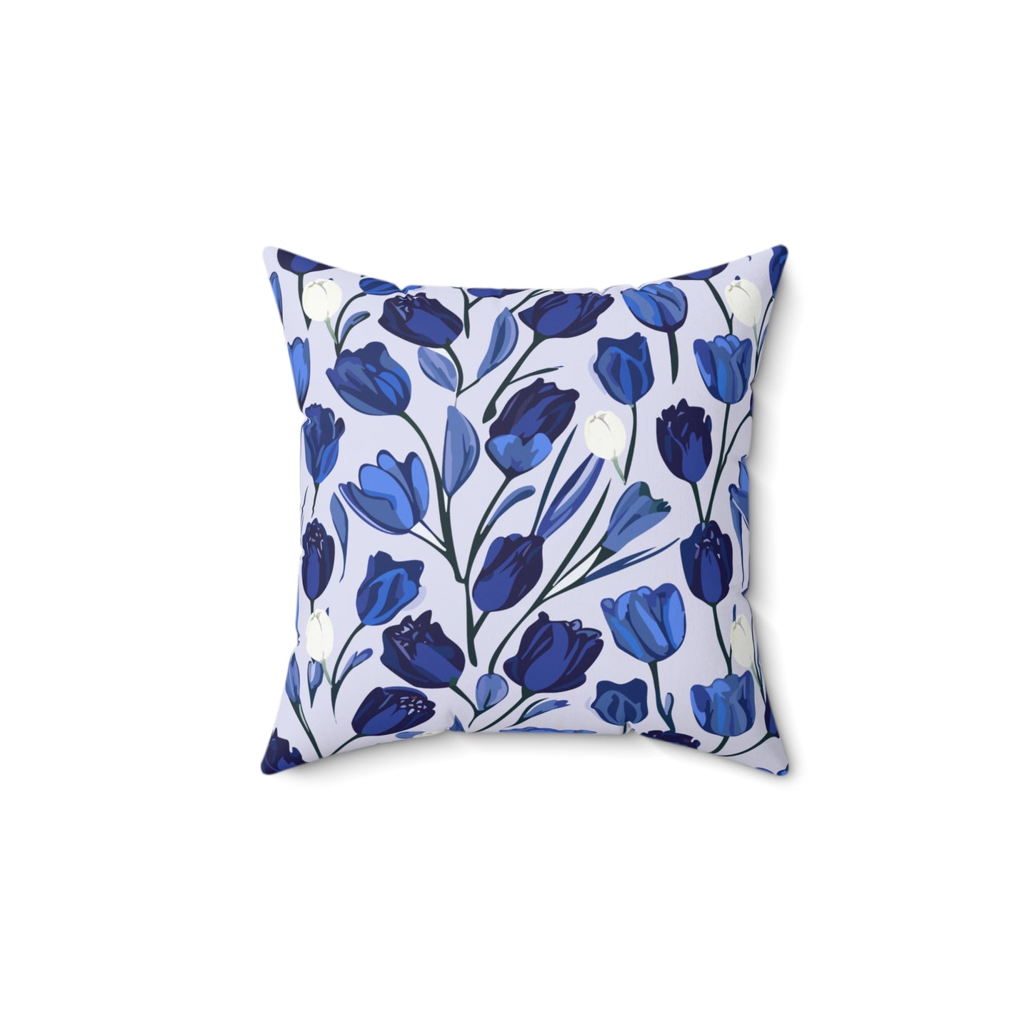 Delftware Inspired Square Pillow Featuring Elegant Blue Tulips