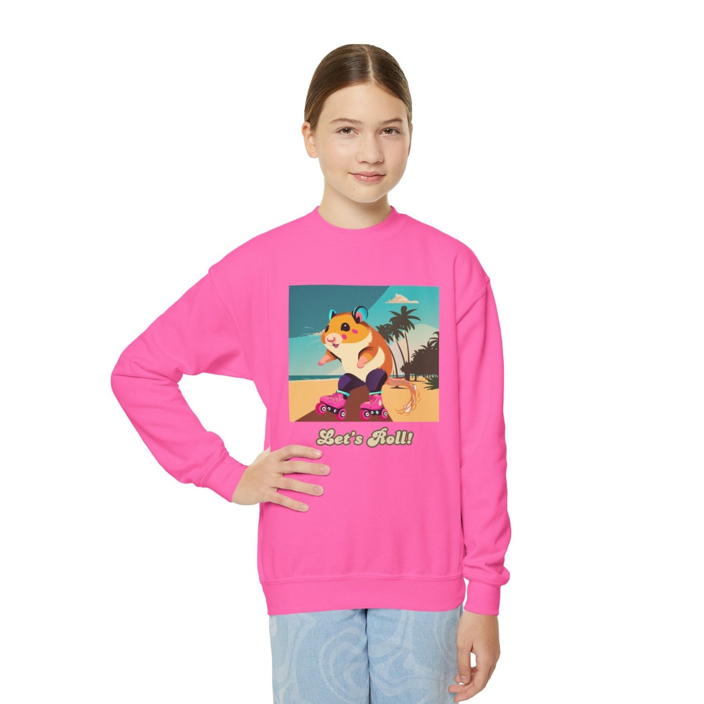 Cozy Youth Crewneck Sweatshirt Featuring Roller Skating Hammy