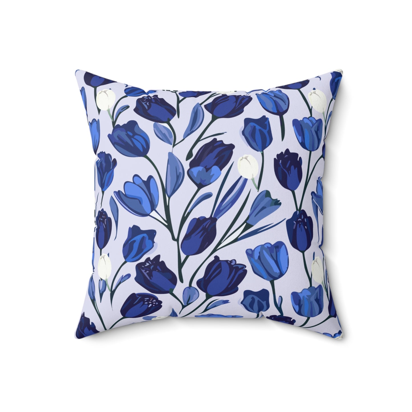 Delftware Inspired Square Pillow Featuring Elegant Blue Tulips